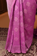 Pure Linen Georgette handloom Banarasi saree with silver zari kadwa weaving-Lavender