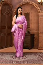 Pure Linen Georgette handloom Banarasi saree with silver zari kadwa weaving-Lavender