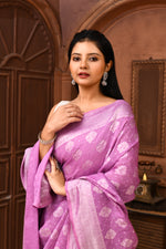 Pure Linen Georgette handloom Banarasi saree with silver zari kadwa weaving-Lavender
