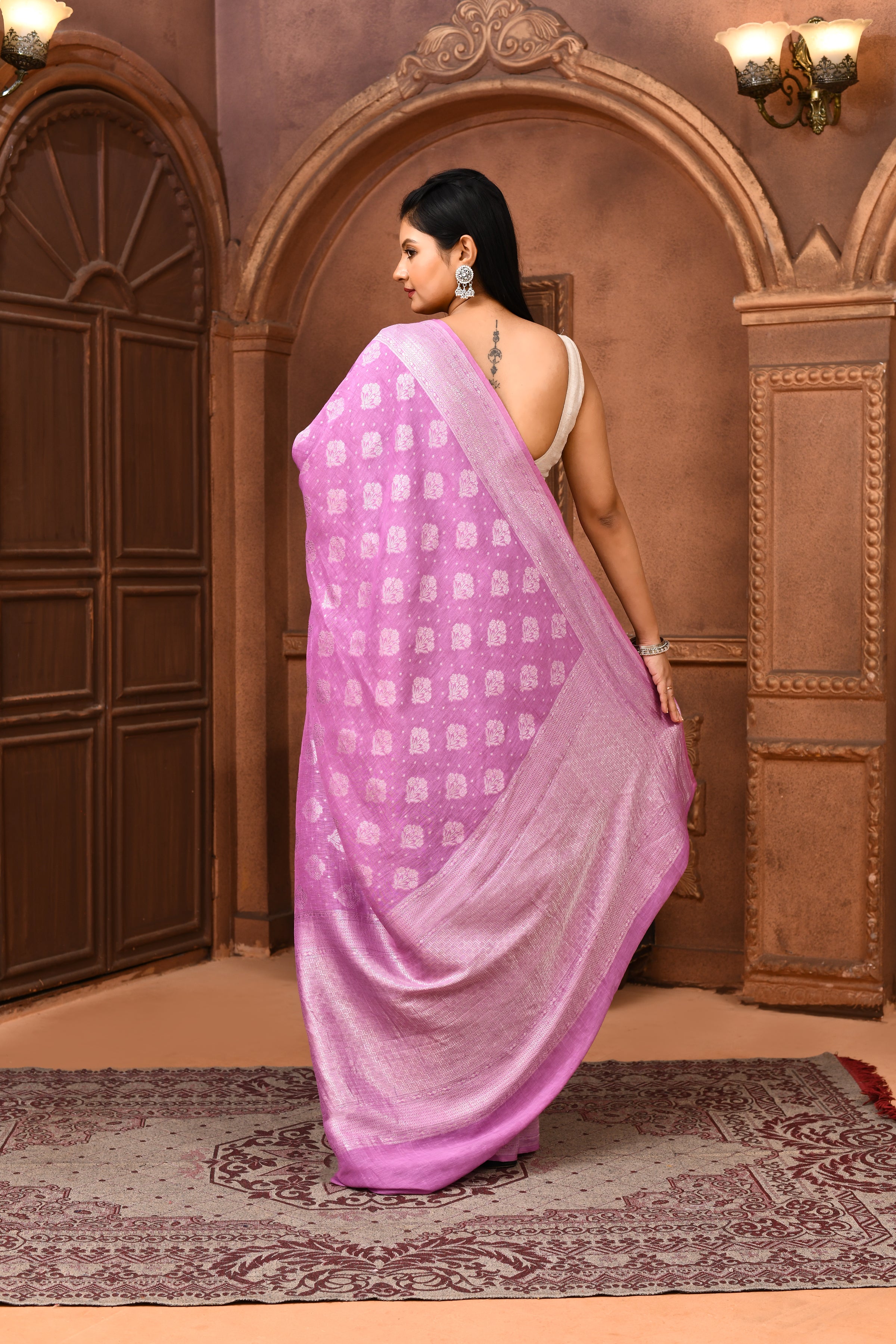 Pure Linen Georgette handloom Banarasi saree with silver zari kadwa weaving-Lavender
