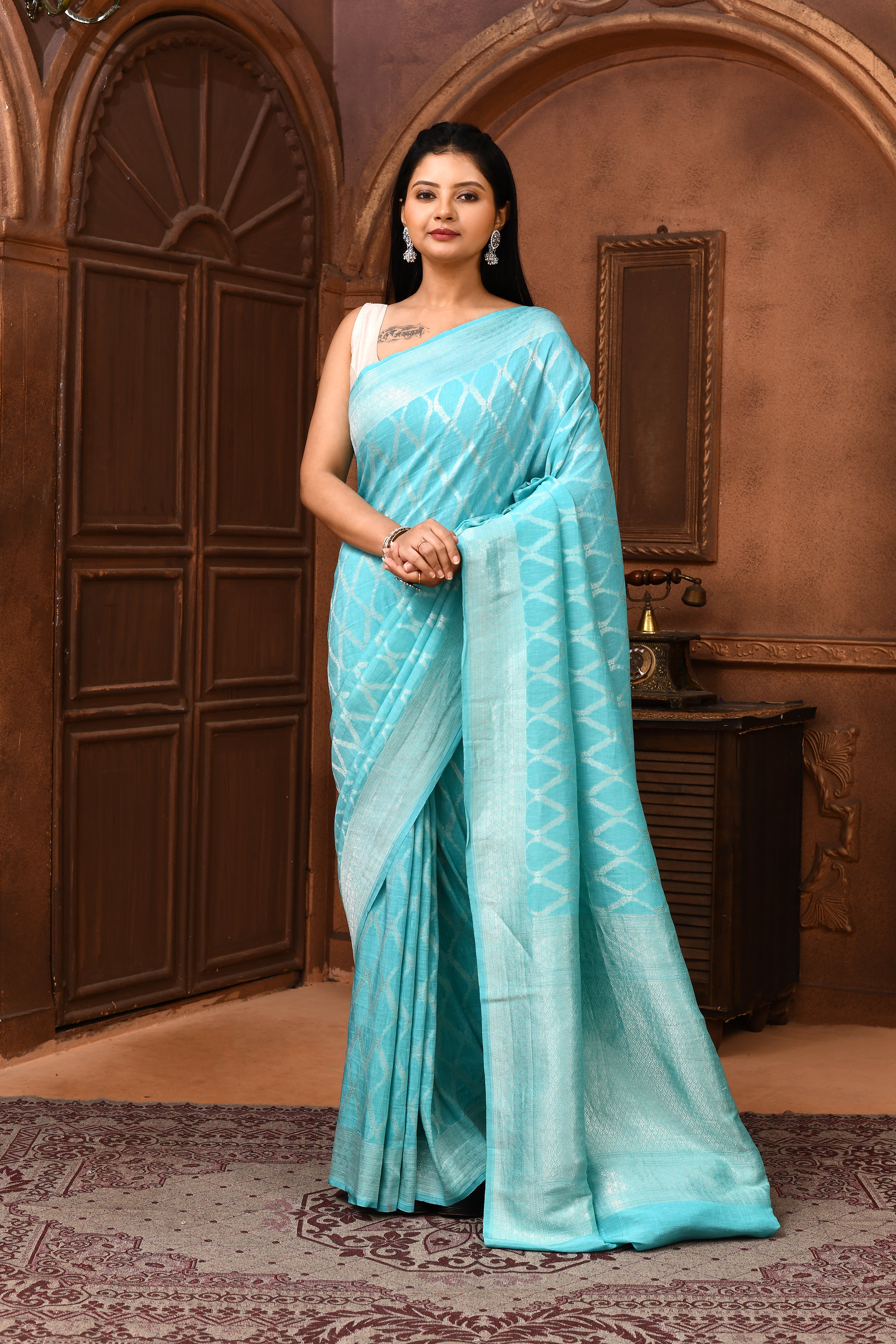 Pure Linen Georgette handloom Banarasi saree with silver zari kadwa weaving-Aqua Blue
