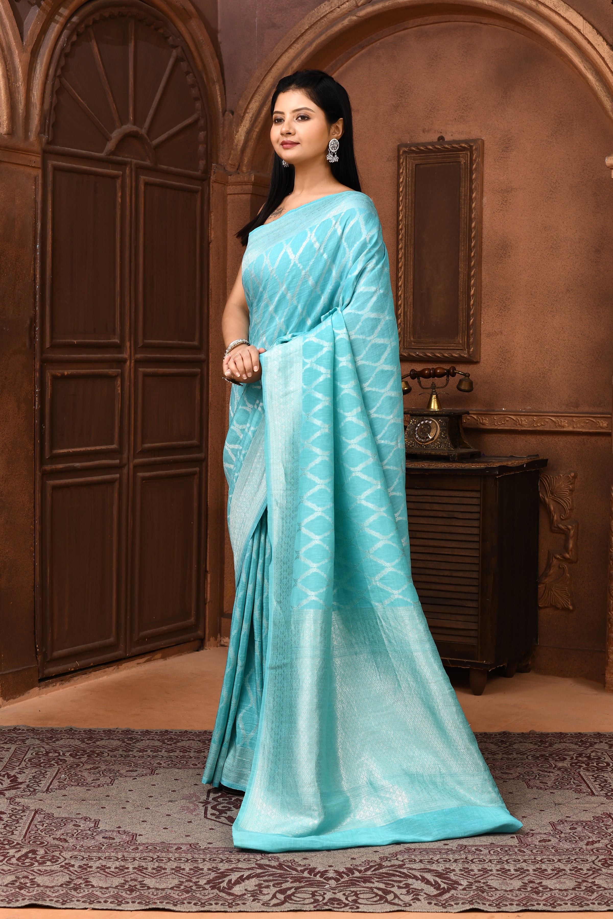 Pure Linen Georgette handloom Banarasi saree with silver zari kadwa weaving-Aqua Blue