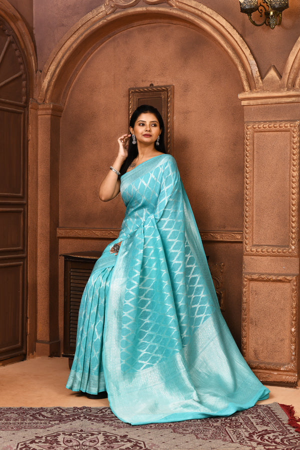 Pure Linen Georgette handloom Banarasi saree with silver zari kadwa weaving-Aqua Blue