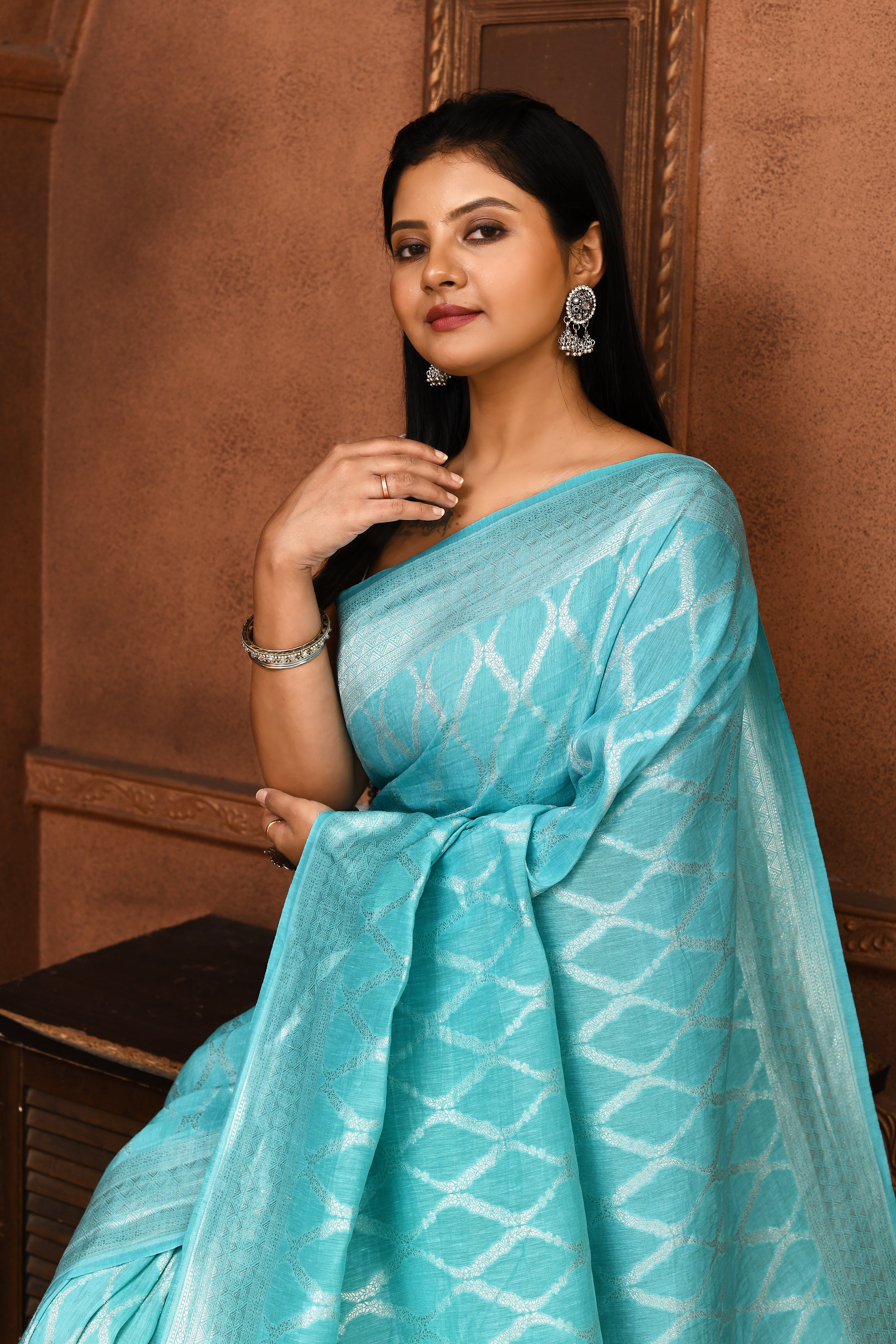Pure Linen Georgette handloom Banarasi saree with silver zari kadwa weaving-Aqua Blue