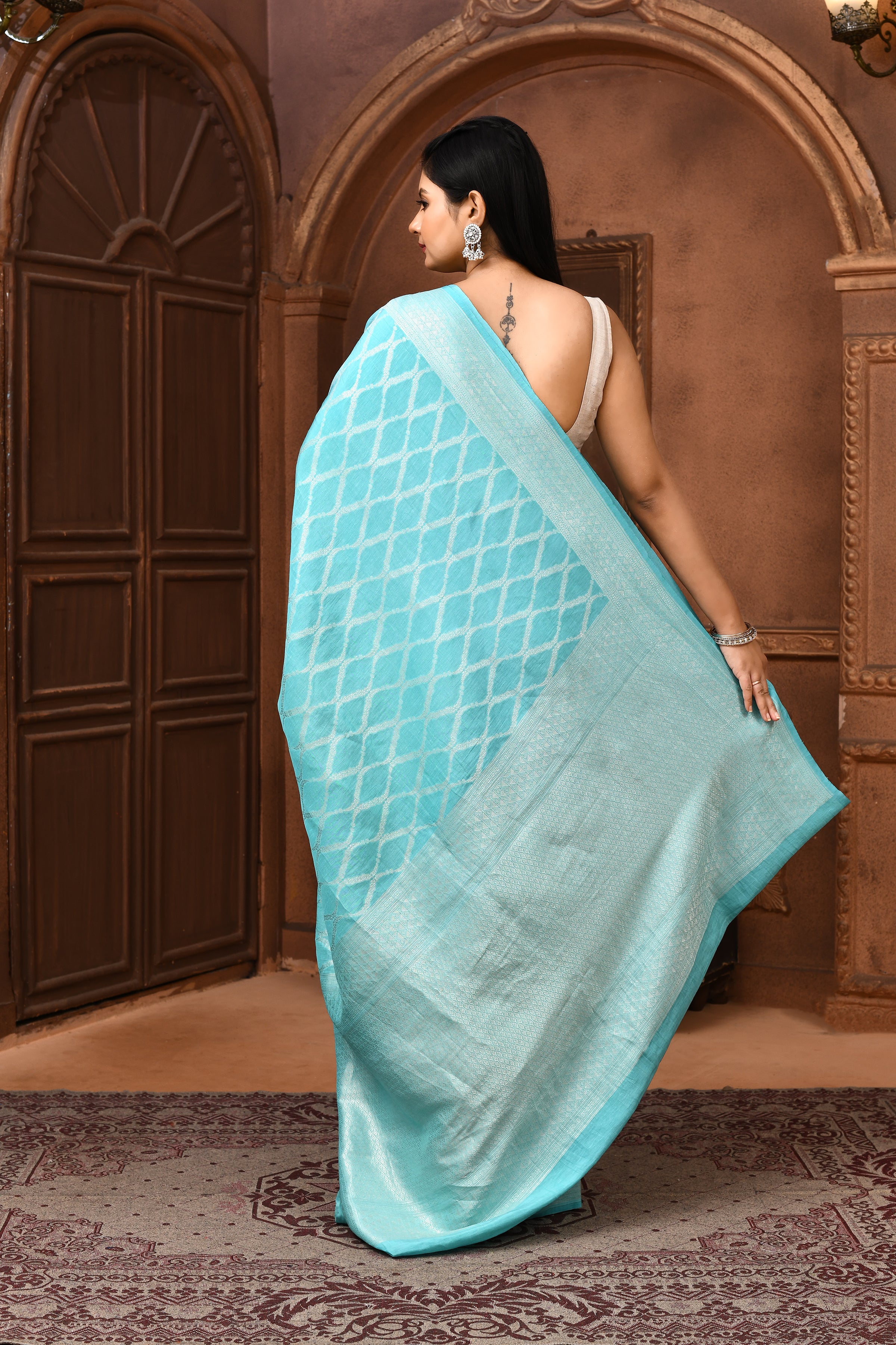 Pure Linen Georgette handloom Banarasi saree with silver zari kadwa weaving-Aqua Blue