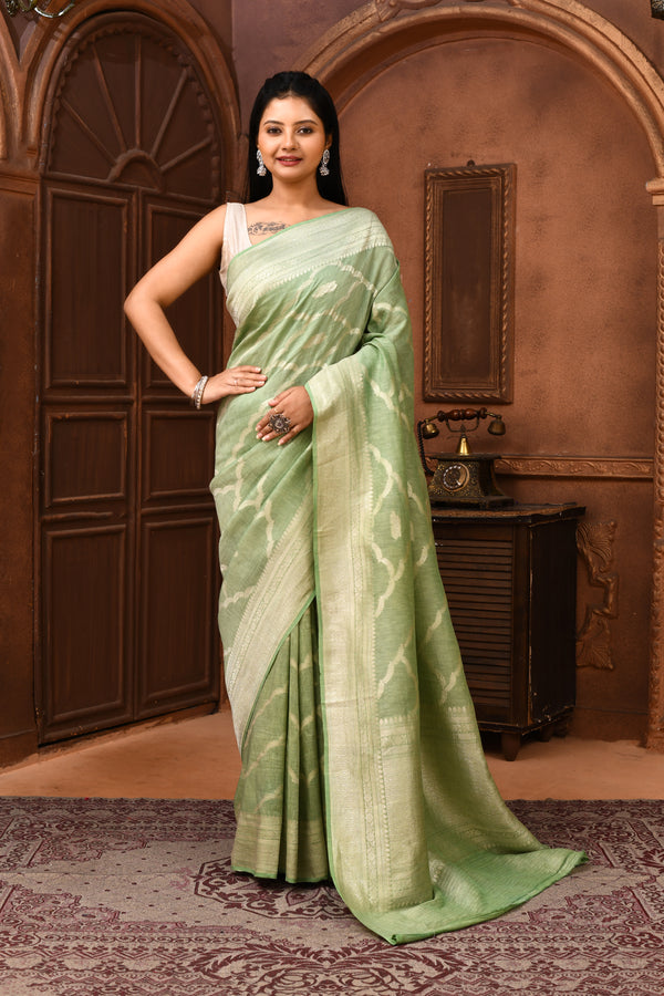 Pure Linen Georgette handloom Banarasi saree with silver zari kadwa weaving-Pista green