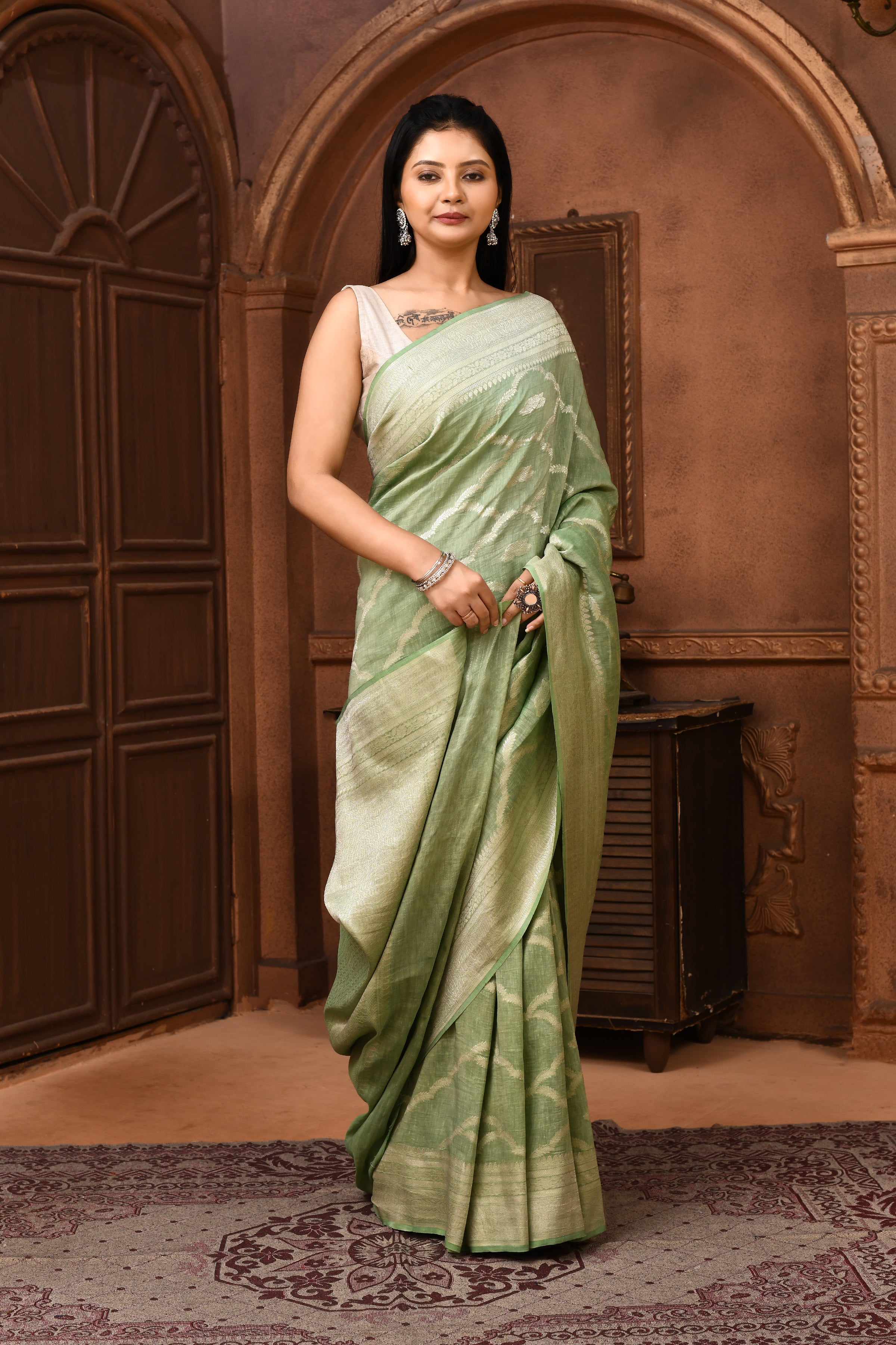 Pure Linen Georgette handloom Banarasi saree with silver zari kadwa weaving-Pista green