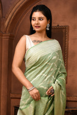 Pure Linen Georgette handloom Banarasi saree with silver zari kadwa weaving-Pista green
