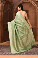 Pure Linen Georgette handloom Banarasi saree with silver zari kadwa weaving-Pista green