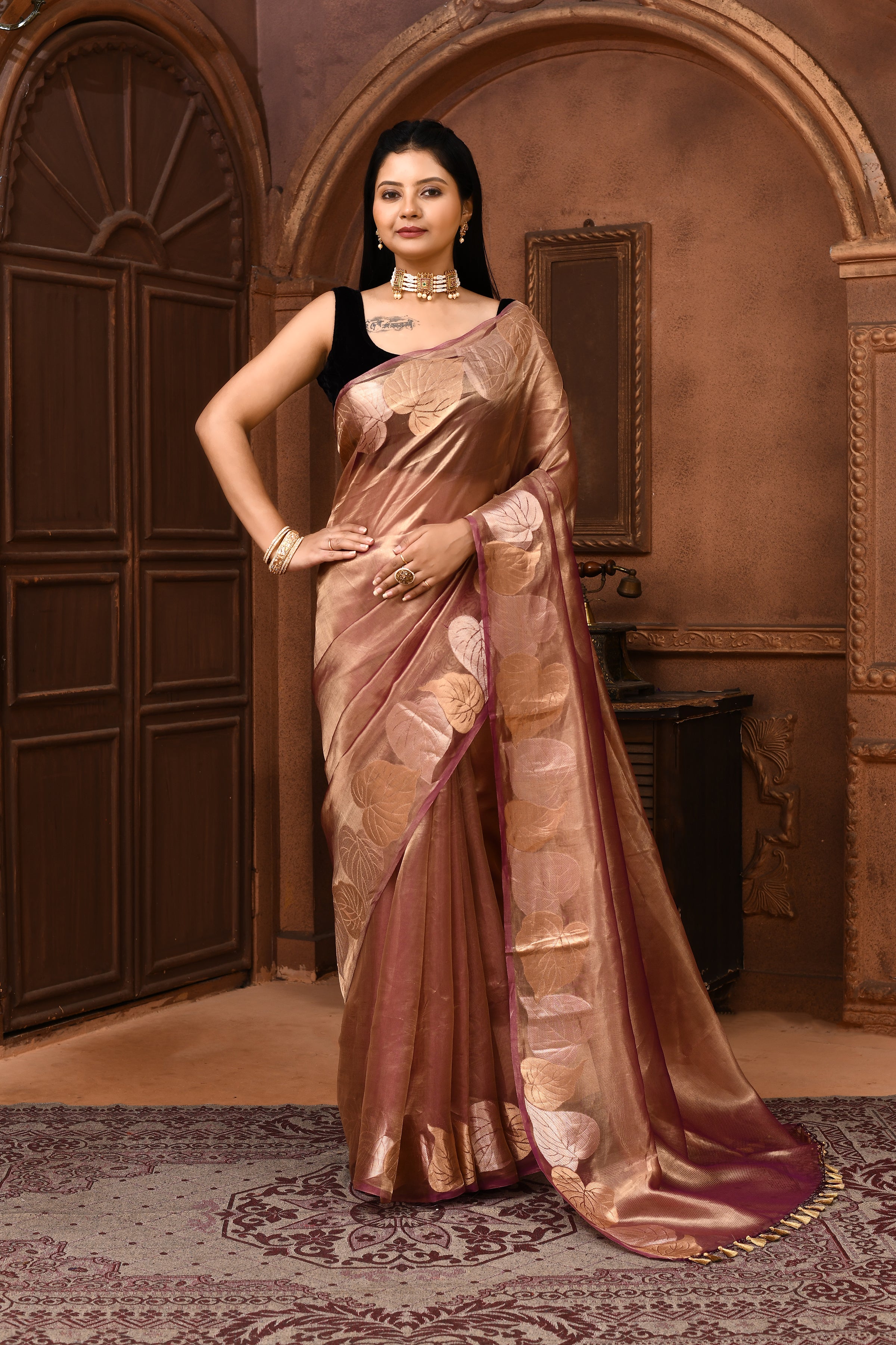 Banarasi tissue silk saree with leaf pattern woven border-Pink
