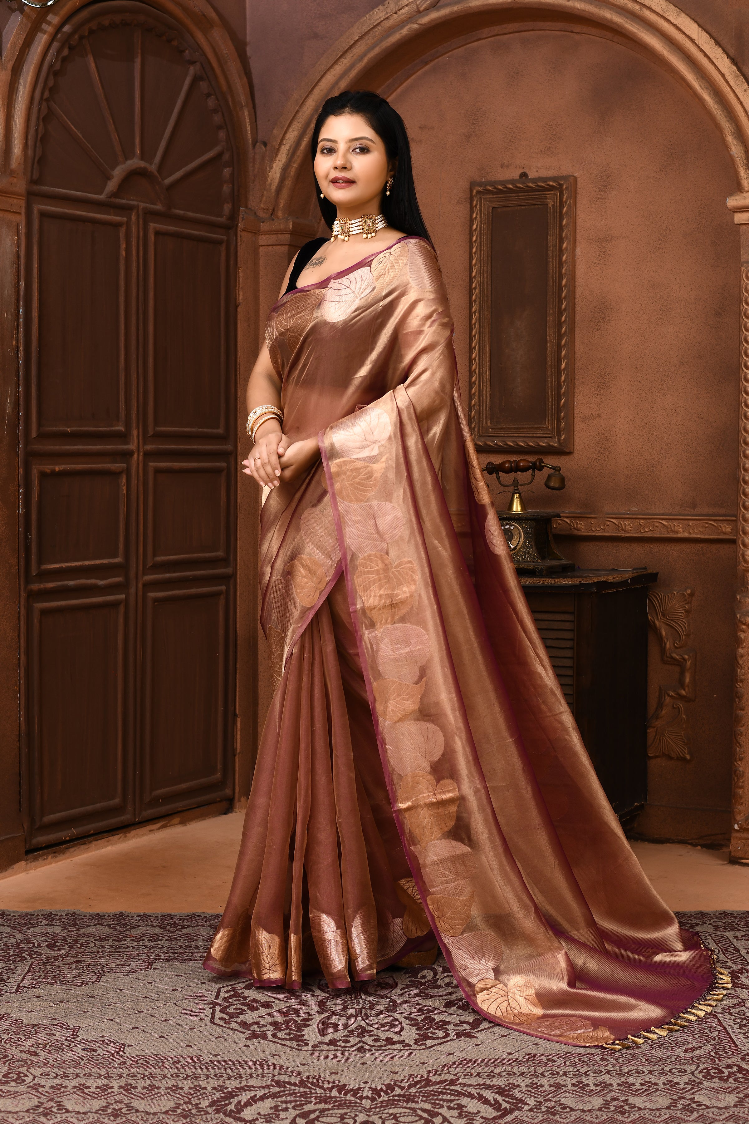 Banarasi tissue silk saree with leaf pattern woven border-Pink