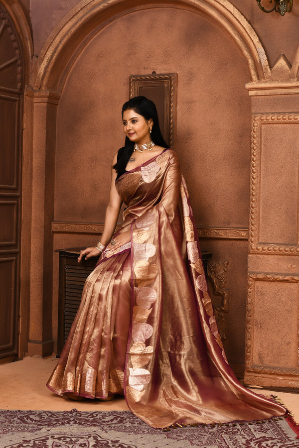 Banarasi tissue silk saree with leaf pattern woven border-Pink