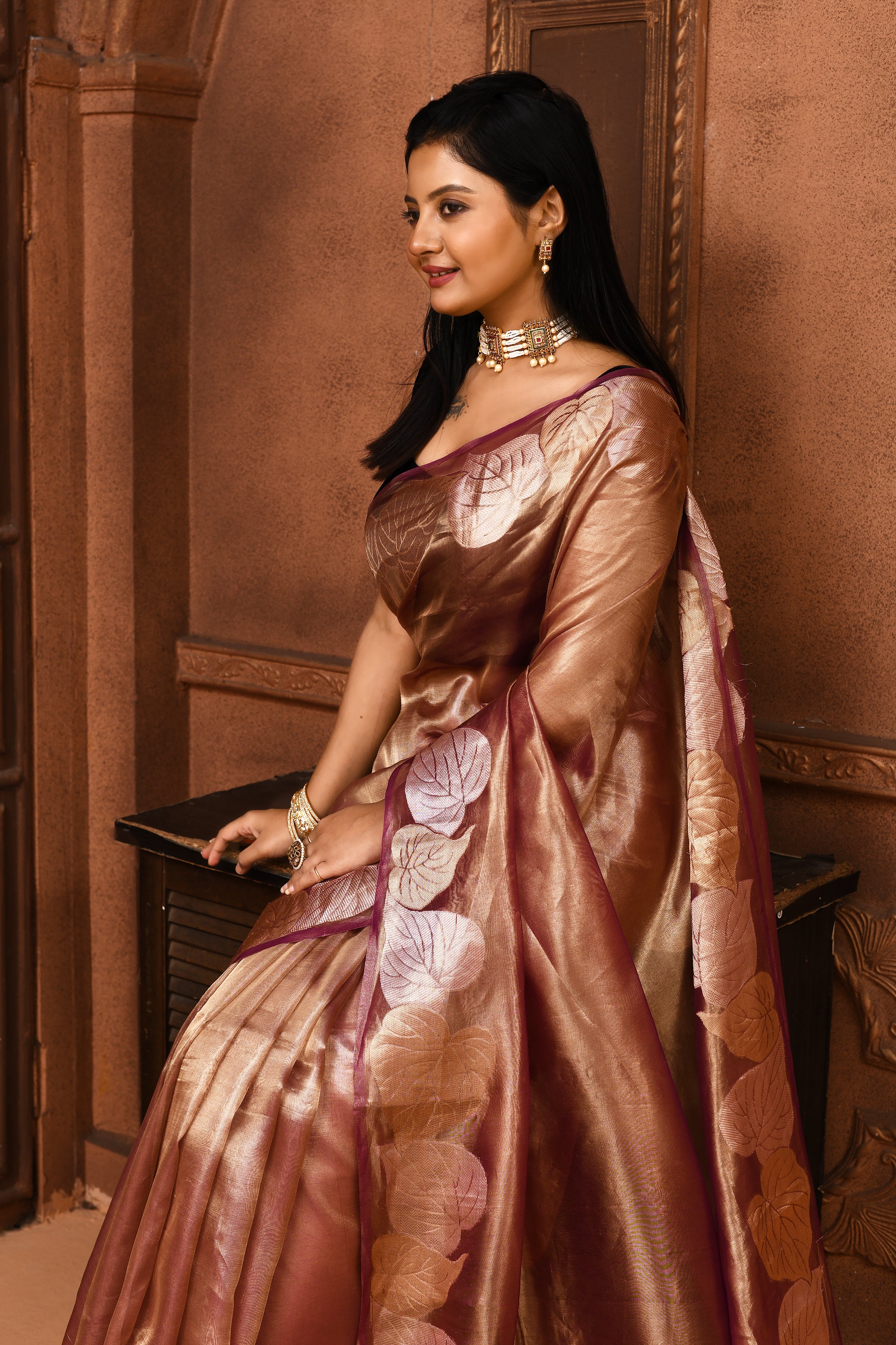 Banarasi tissue silk saree with leaf pattern woven border-Pink