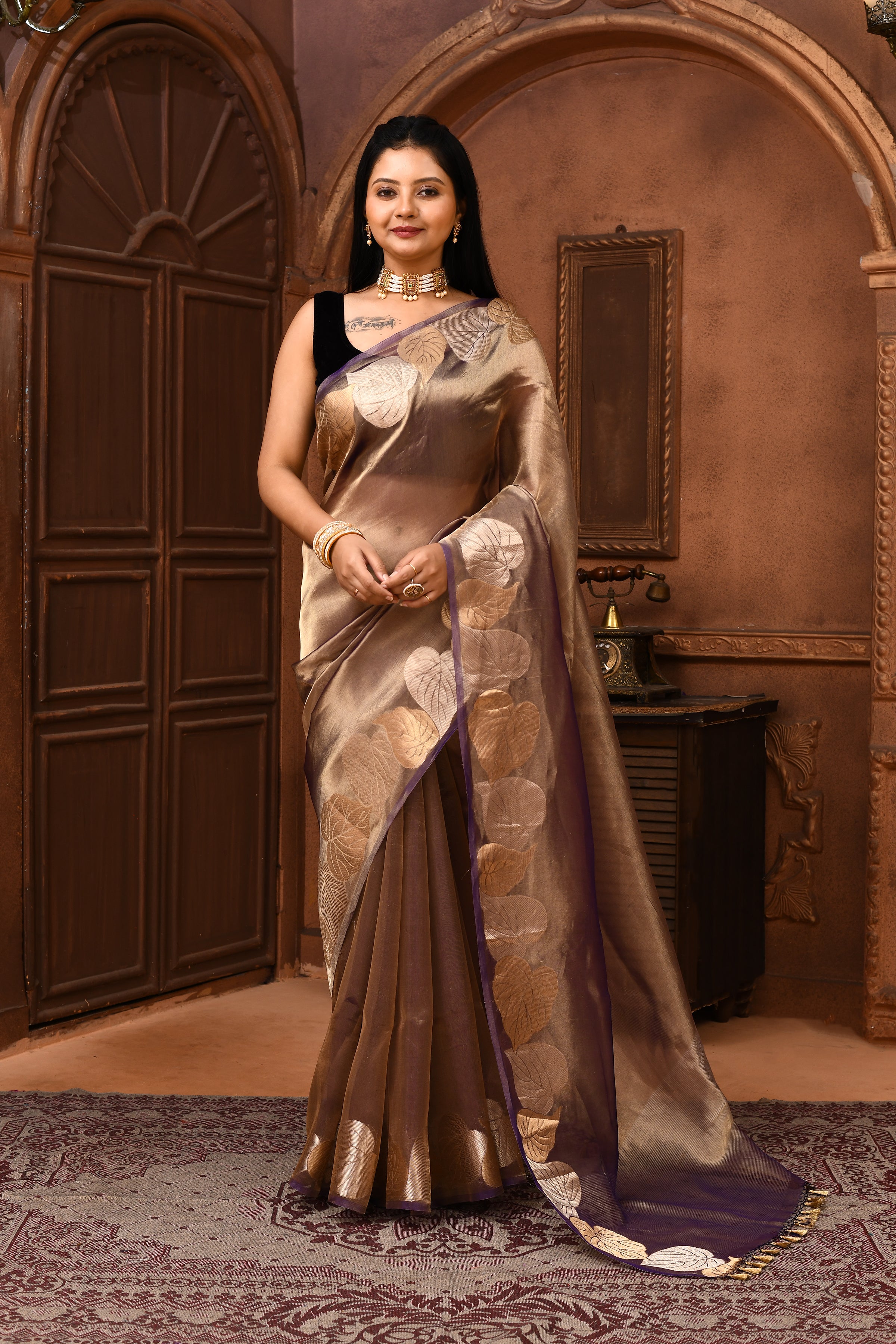 Banarasi tissue silk saree with leaf pattern woven border-Purple