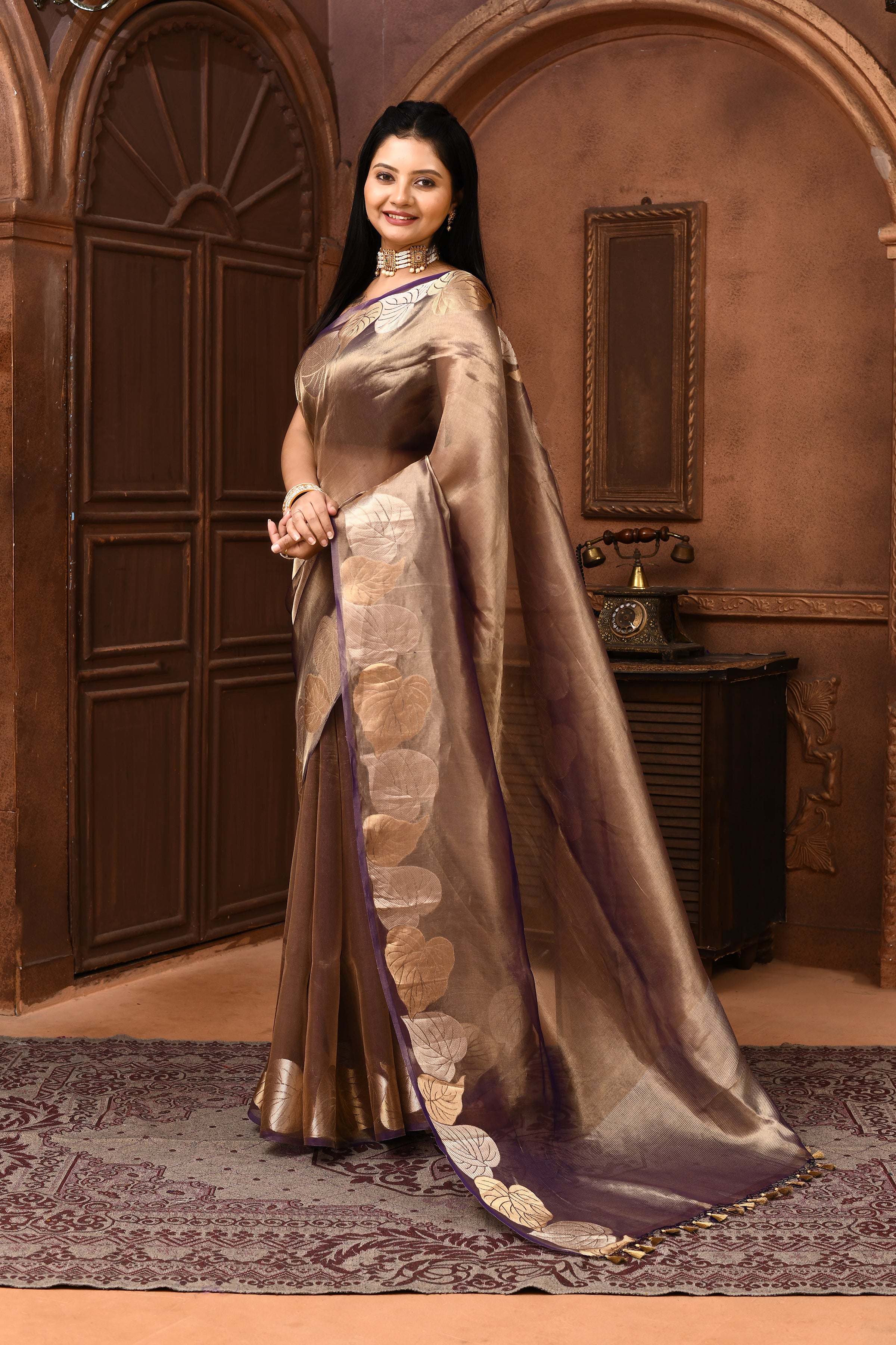 Banarasi tissue silk saree with leaf pattern woven border-Purple