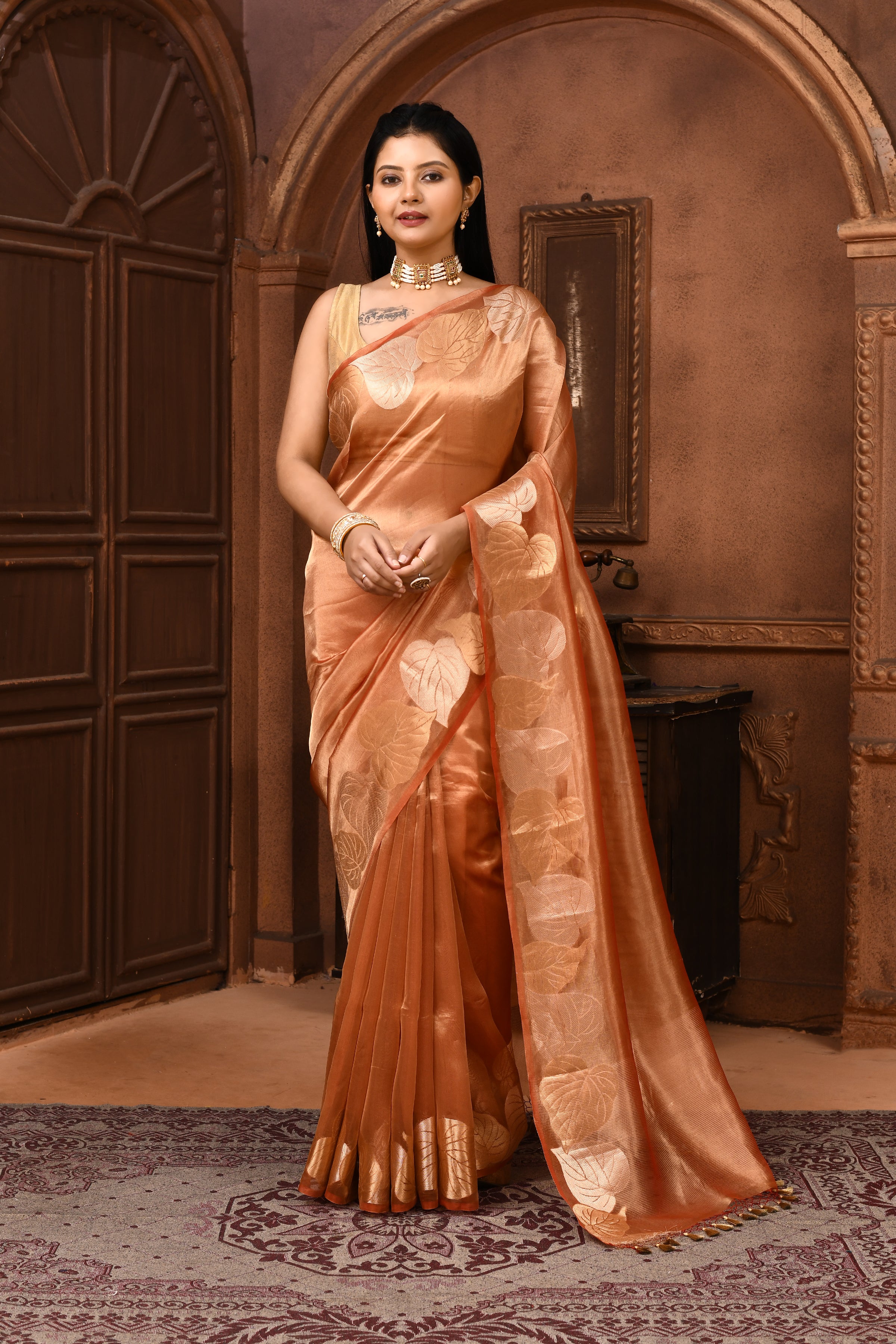 Banarasi tissue silk saree with leaf pattern woven border-Rust