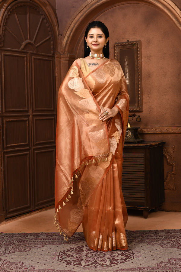 Banarasi tissue silk saree with leaf pattern woven border-Rust