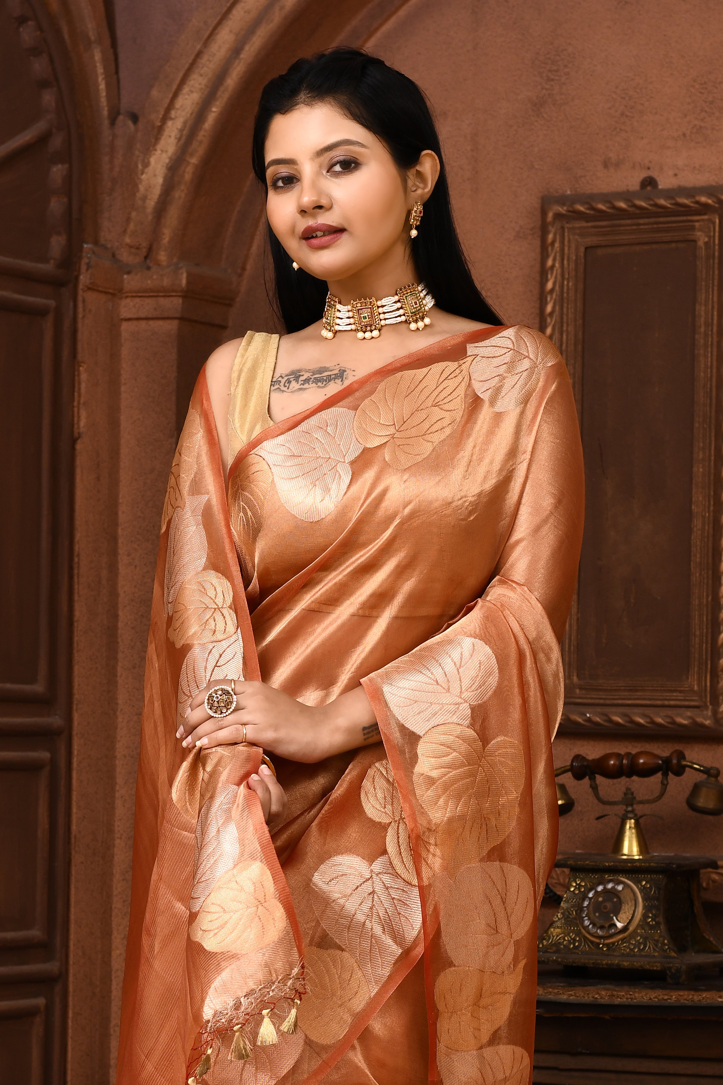 Banarasi tissue silk saree with leaf pattern woven border-Rust