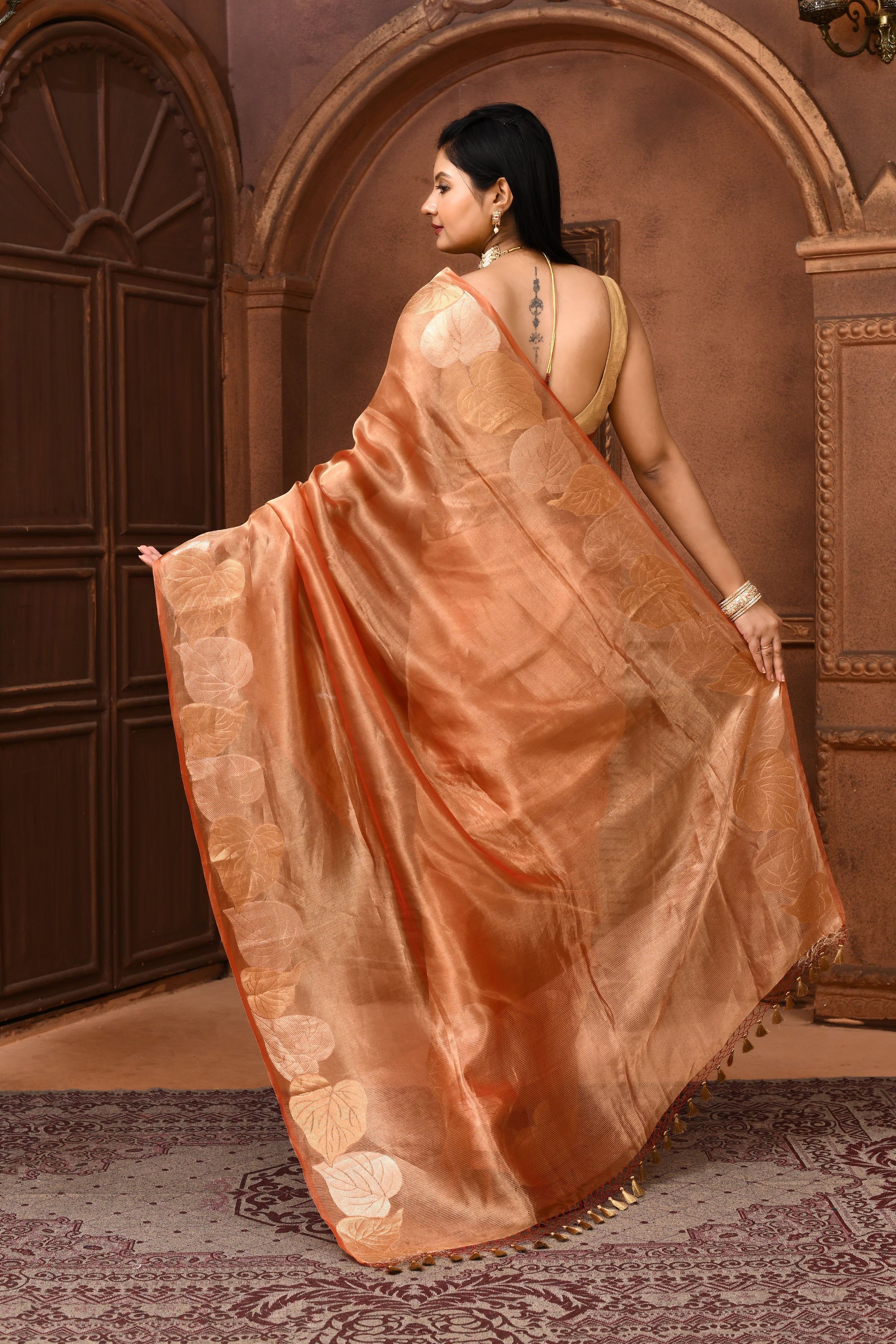 Banarasi tissue silk saree with leaf pattern woven border-Rust