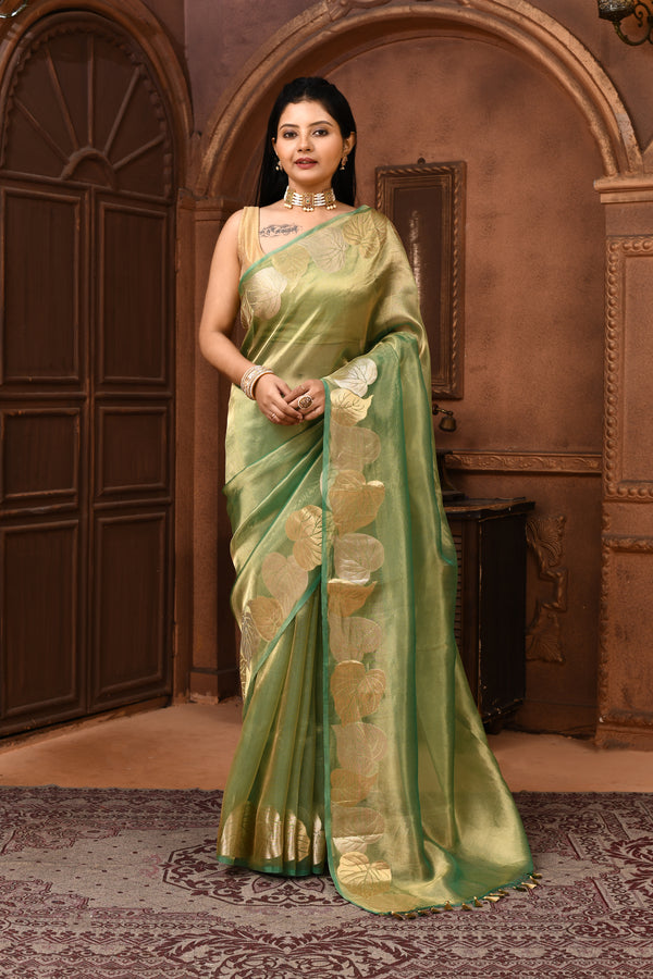 Banarasi tissue silk saree with leaf pattern woven border-Emerald green