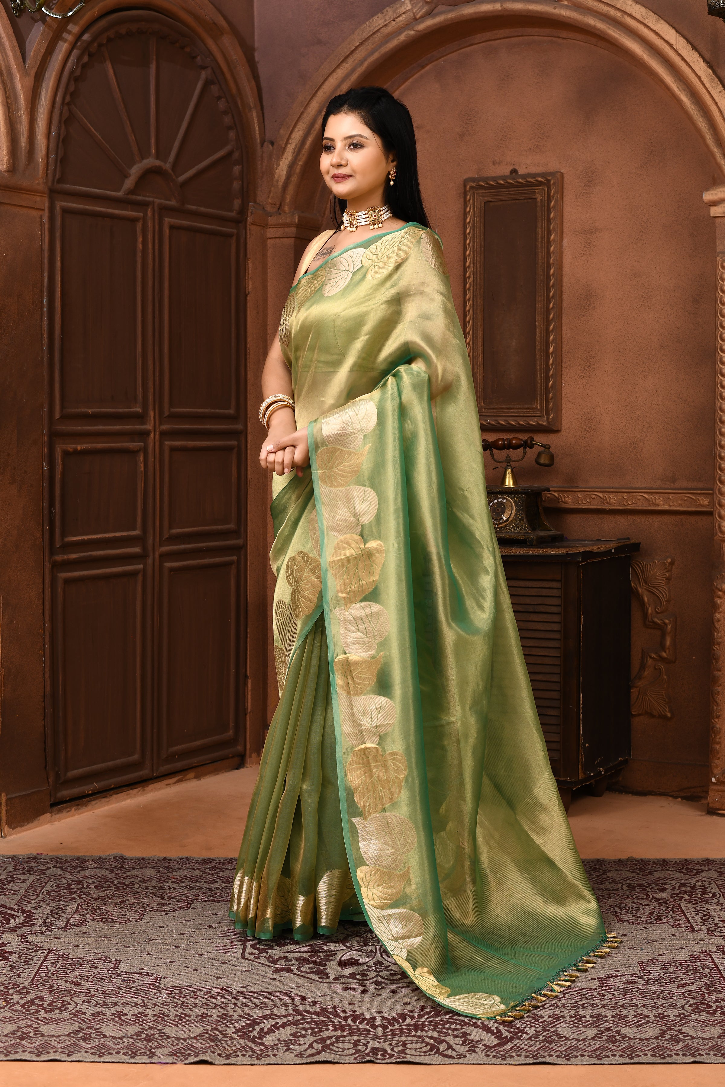 Banarasi tissue silk saree with leaf pattern woven border-Emerald green