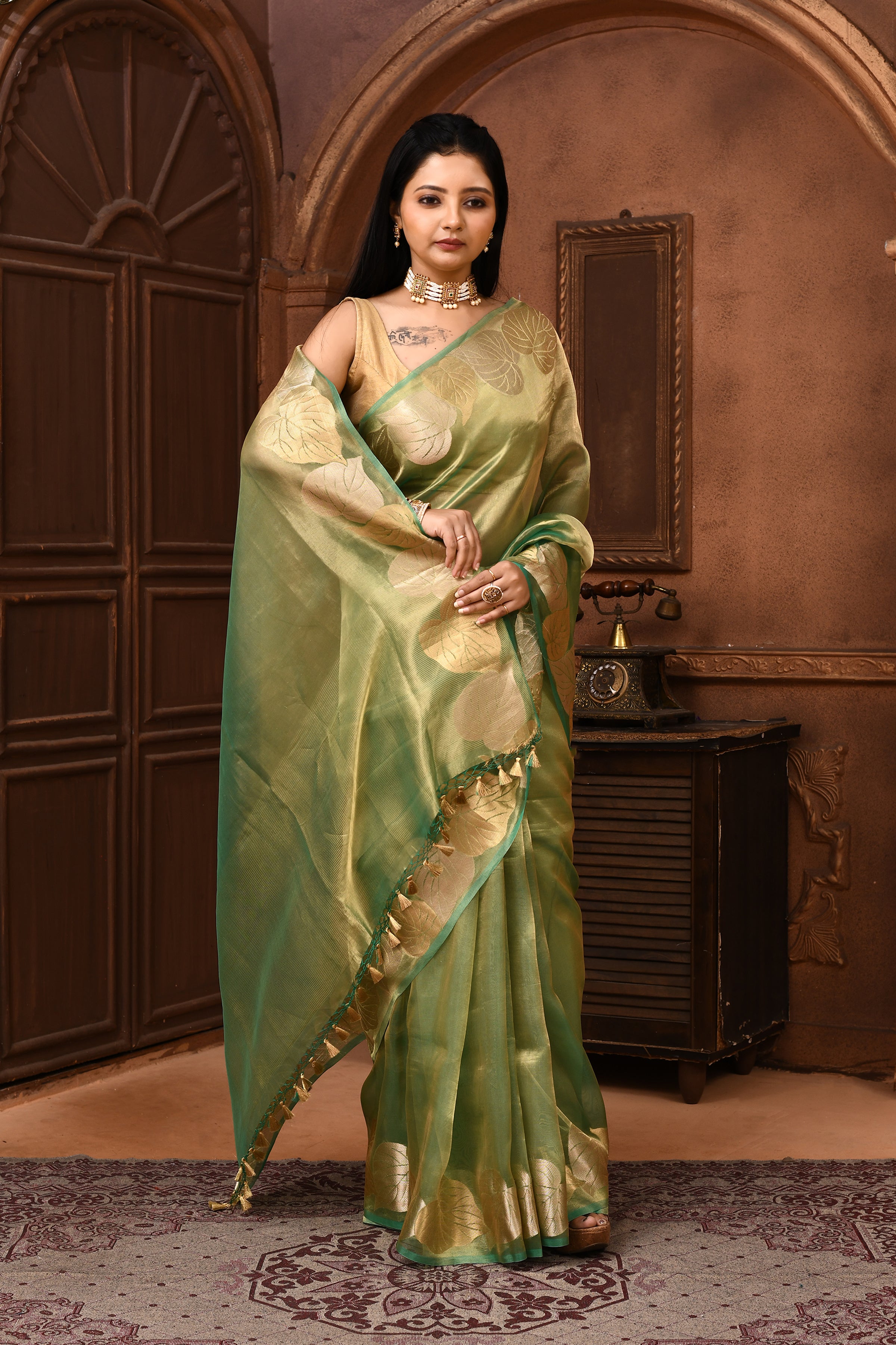 Banarasi tissue silk saree with leaf pattern woven border-Emerald green
