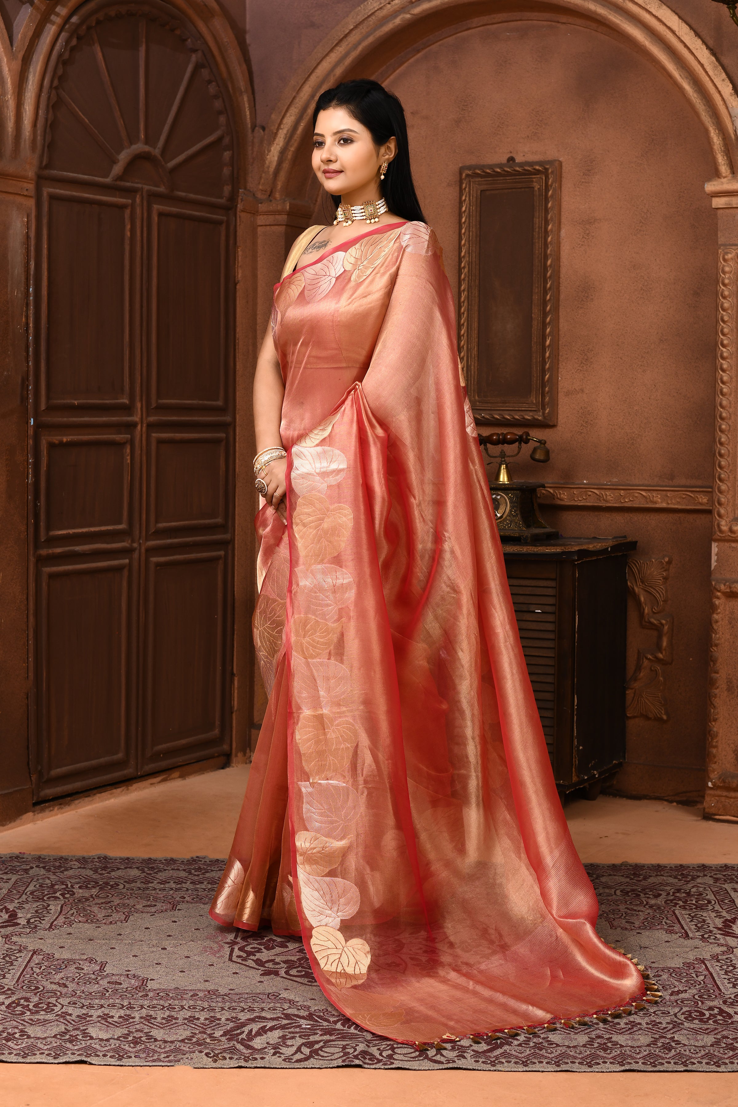 Banarasi tissue silk saree with leaf pattern woven border-Magenta