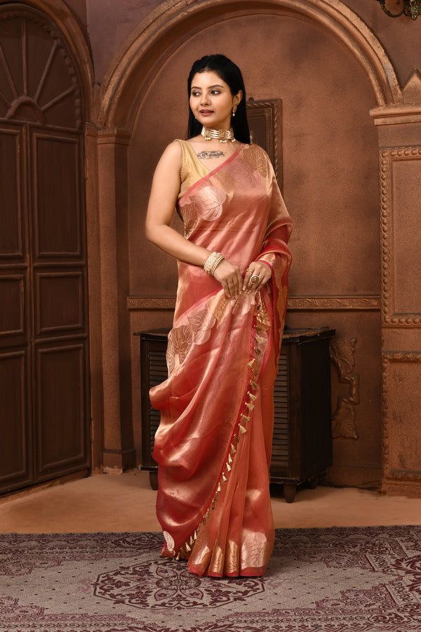 Banarasi tissue silk saree with leaf pattern woven border-Magenta