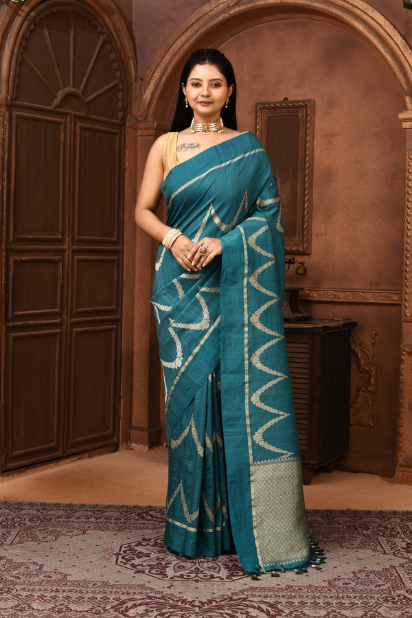 Pure handloom tussar silk Banarasi saree with kadwa weaving-Teal blue