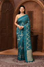 Pure handloom tussar silk Banarasi saree with kadwa weaving-Teal blue