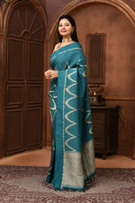 Pure handloom tussar silk Banarasi saree with kadwa weaving-Teal blue