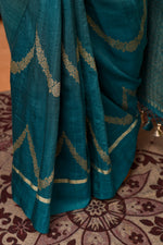 Pure handloom tussar silk Banarasi saree with kadwa weaving-Teal blue