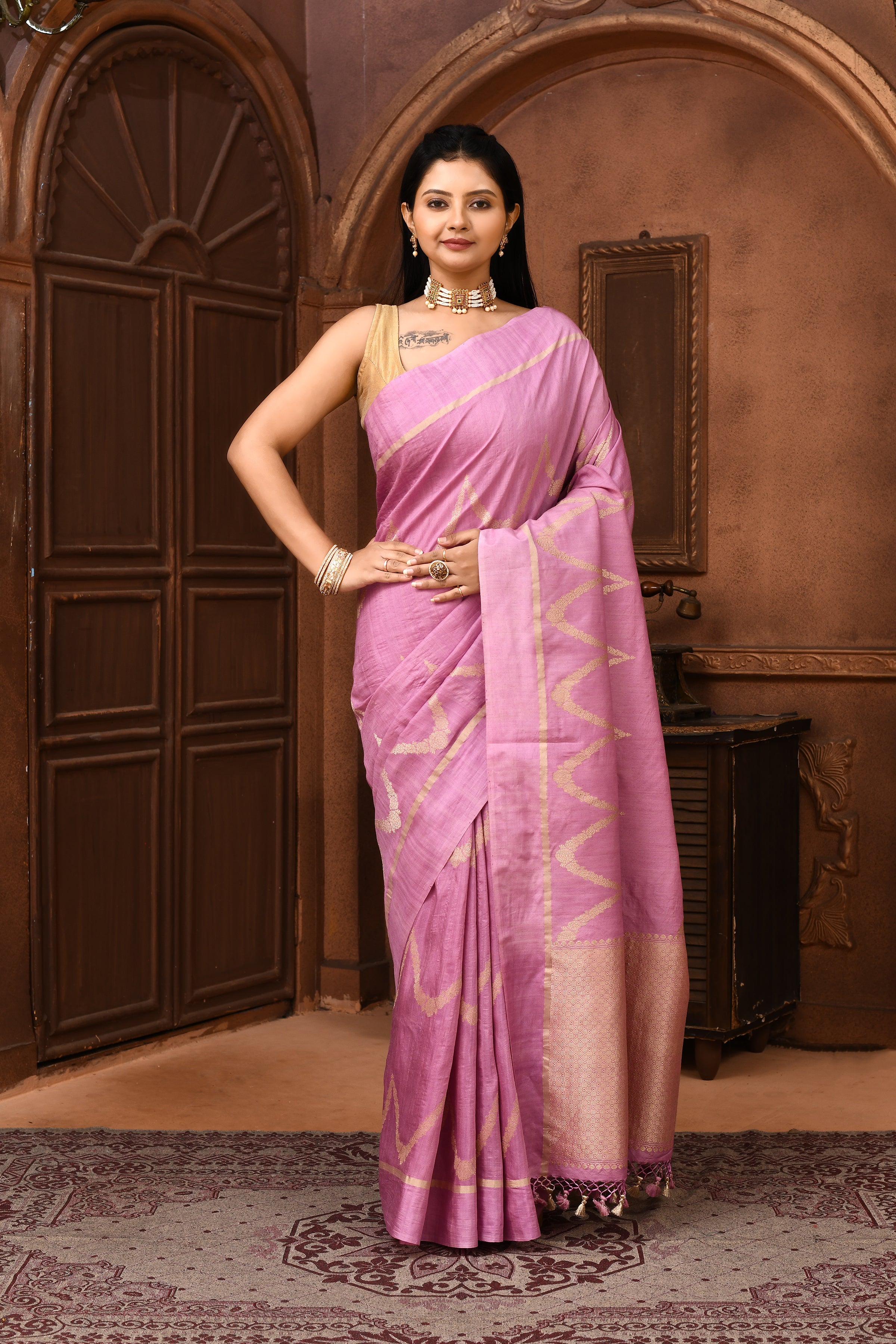 Pure handloom tussar silk Banarasi saree with kadwa weaving-Lavender