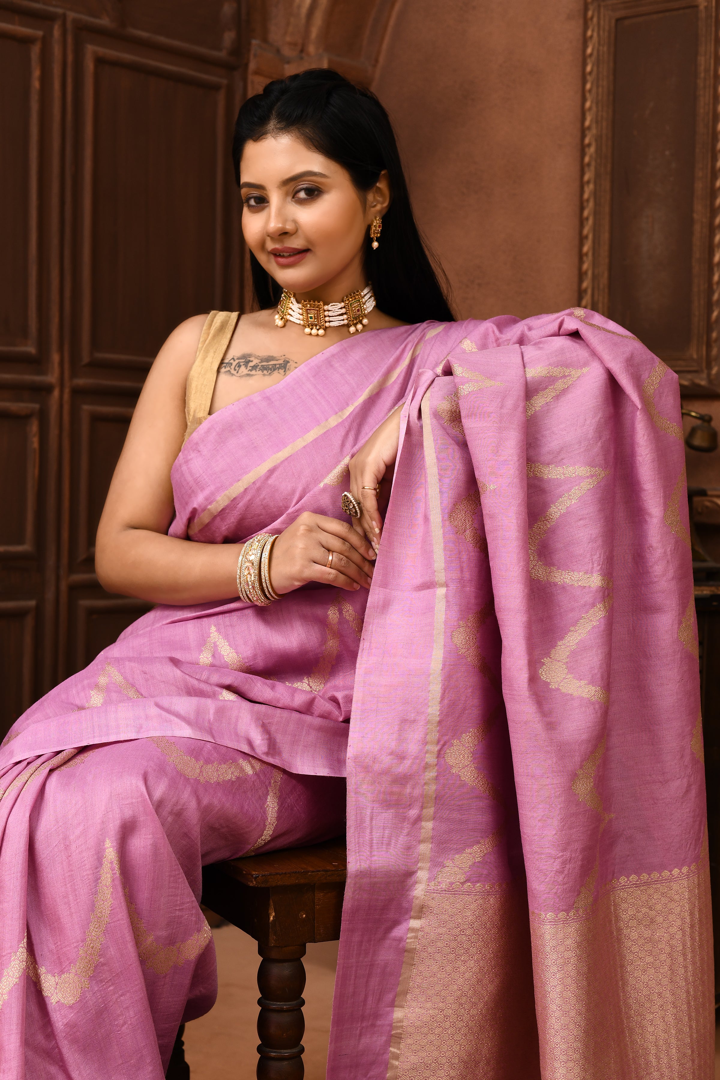 Pure handloom tussar silk Banarasi saree with kadwa weaving-Lavender