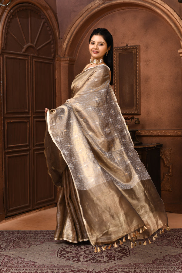 Banarasi tissue silk saree with kadwa weaving-Grey