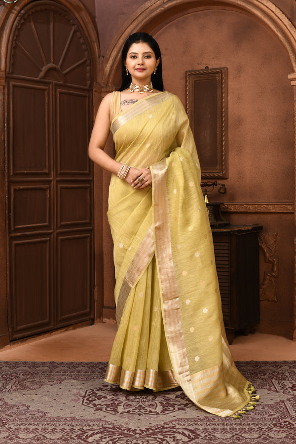 Pure tussar linen Handloom Banarasi saree with kadwa weaving-Lime green