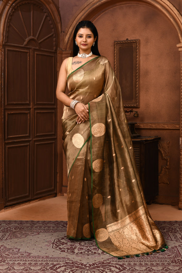 Banarasi tissue silk saree with floral pattern kadwa weaving-olive green