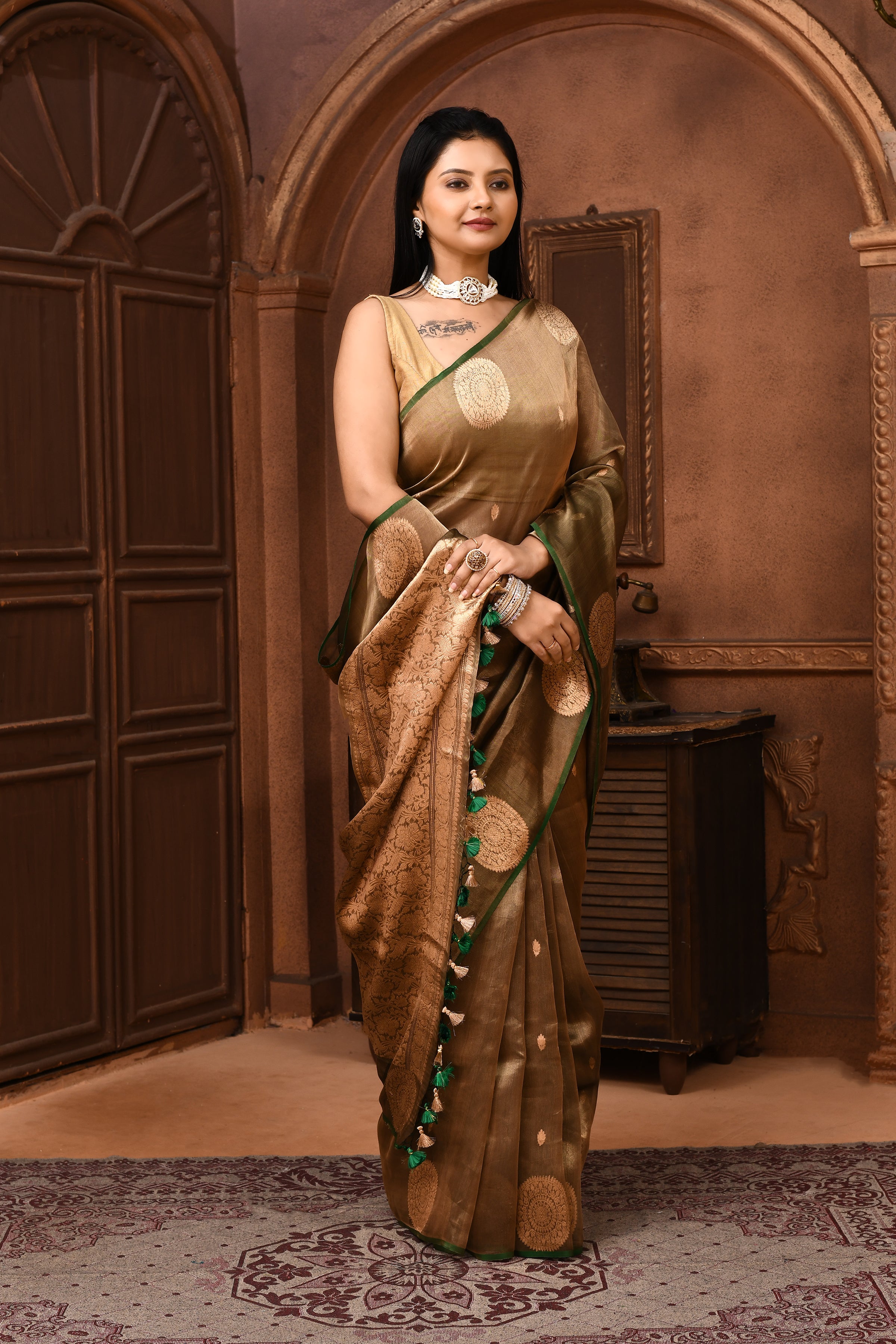 Banarasi tissue silk saree with floral pattern kadwa weaving-olive green