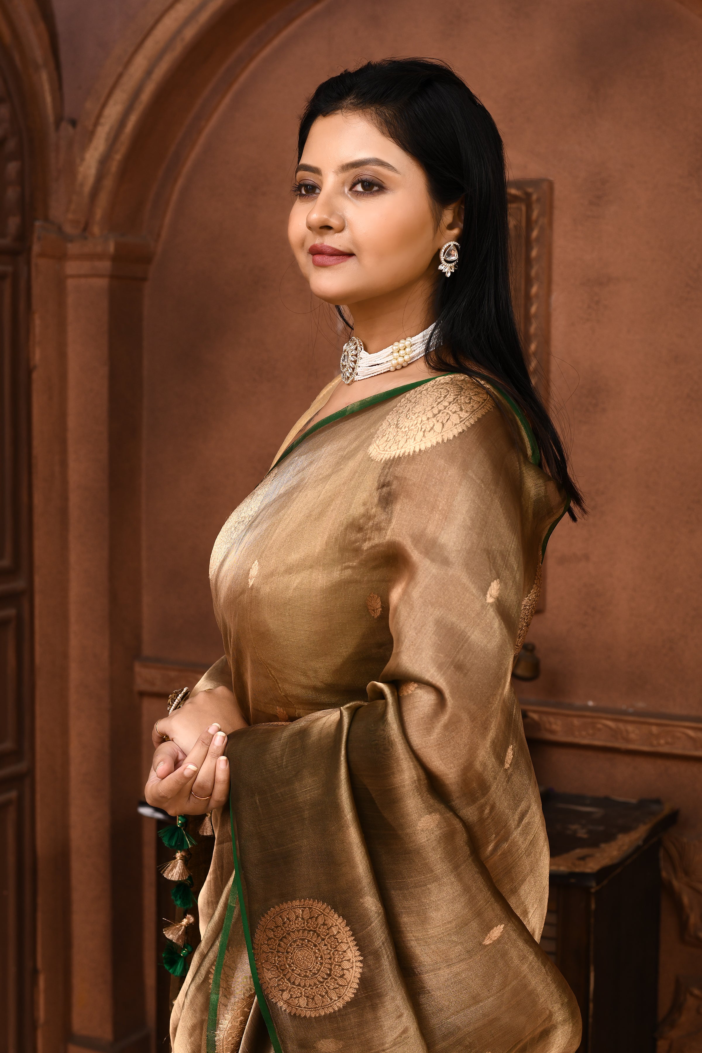 Banarasi tissue silk saree with floral pattern kadwa weaving-olive green