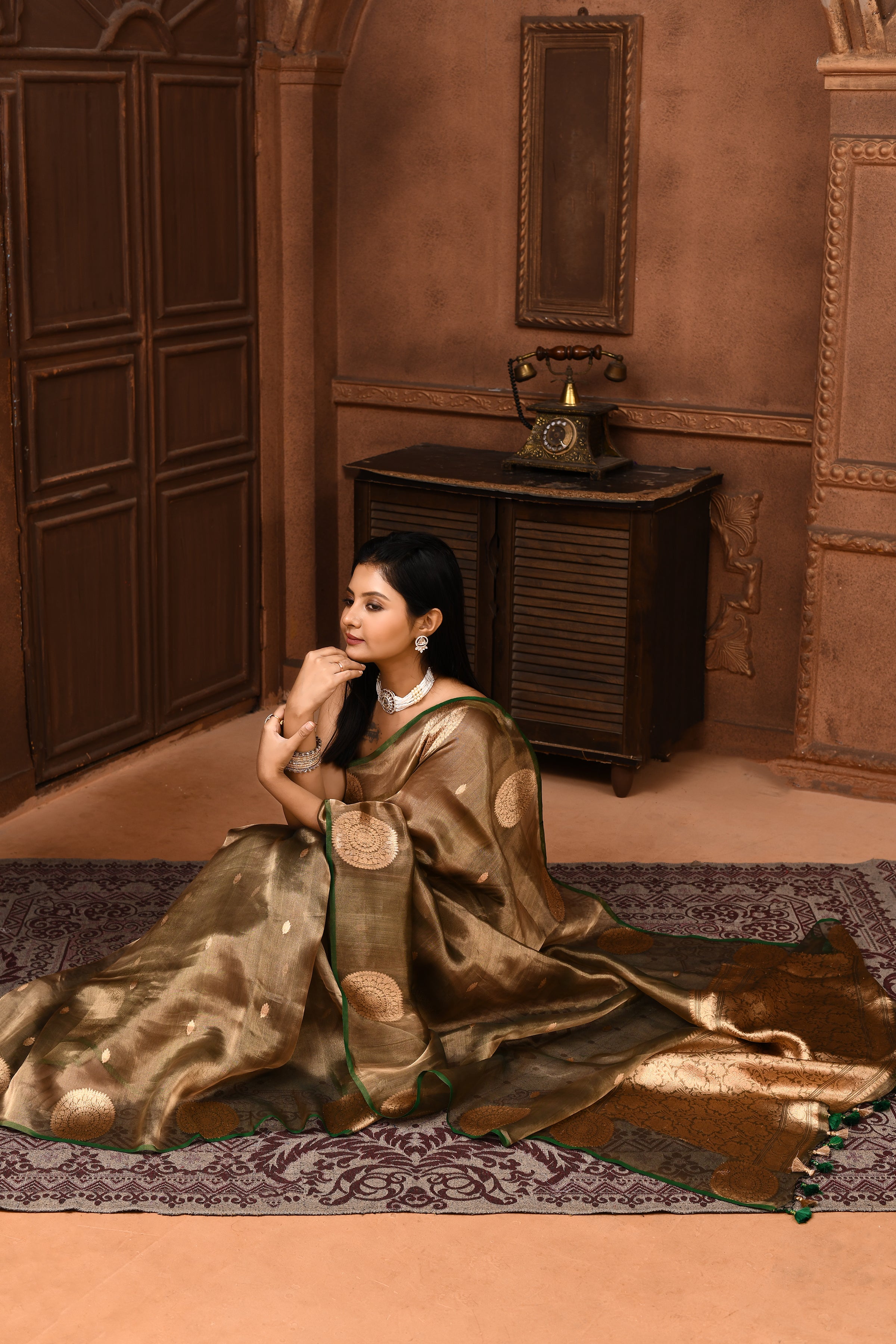 Banarasi tissue silk saree with floral pattern kadwa weaving-olive green