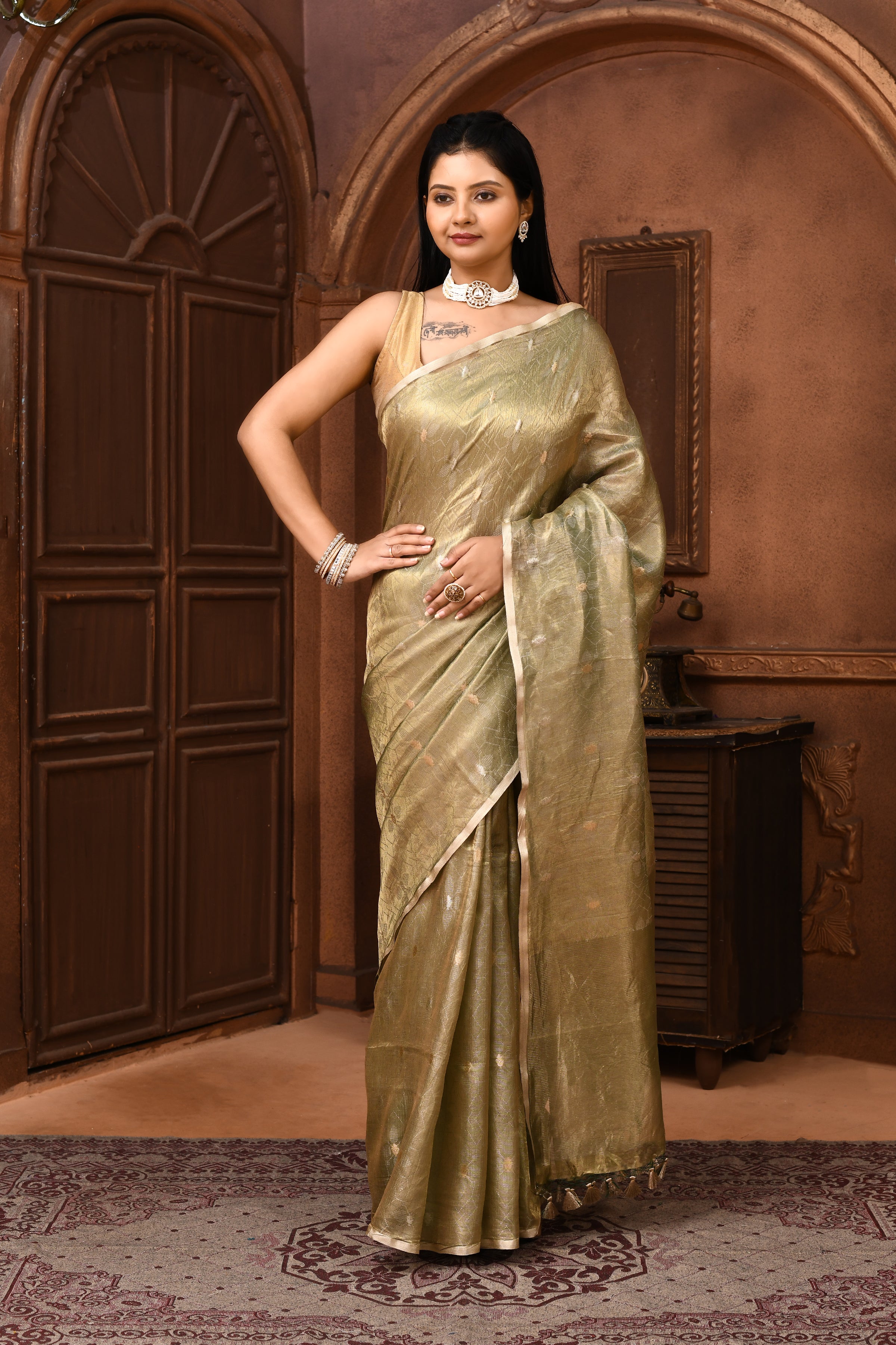 Banarasi tissue silk saree with kadwa weaving-Olive green