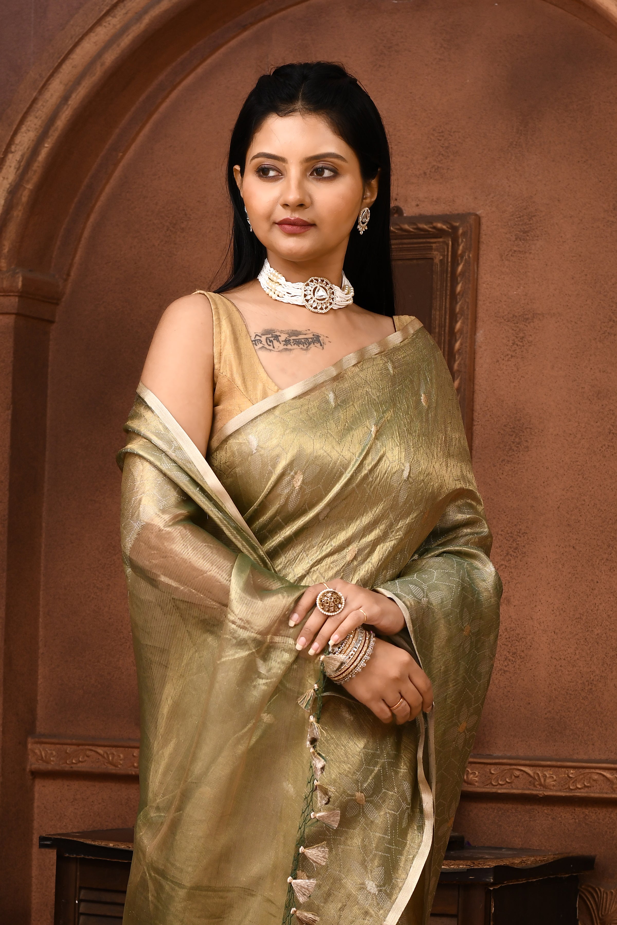 Banarasi tissue silk saree with kadwa weaving-Olive green