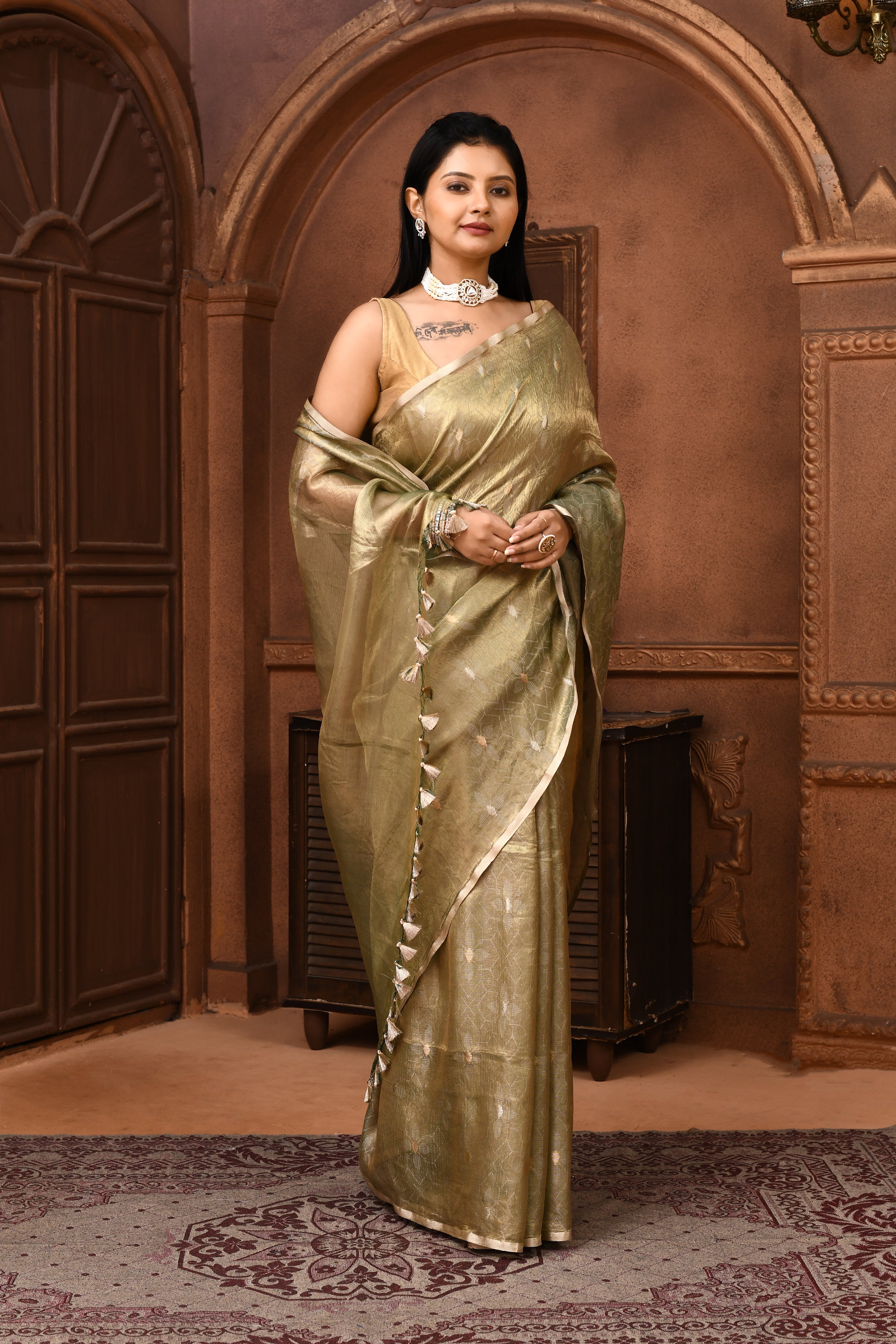 Banarasi tissue silk saree with kadwa weaving-Olive green