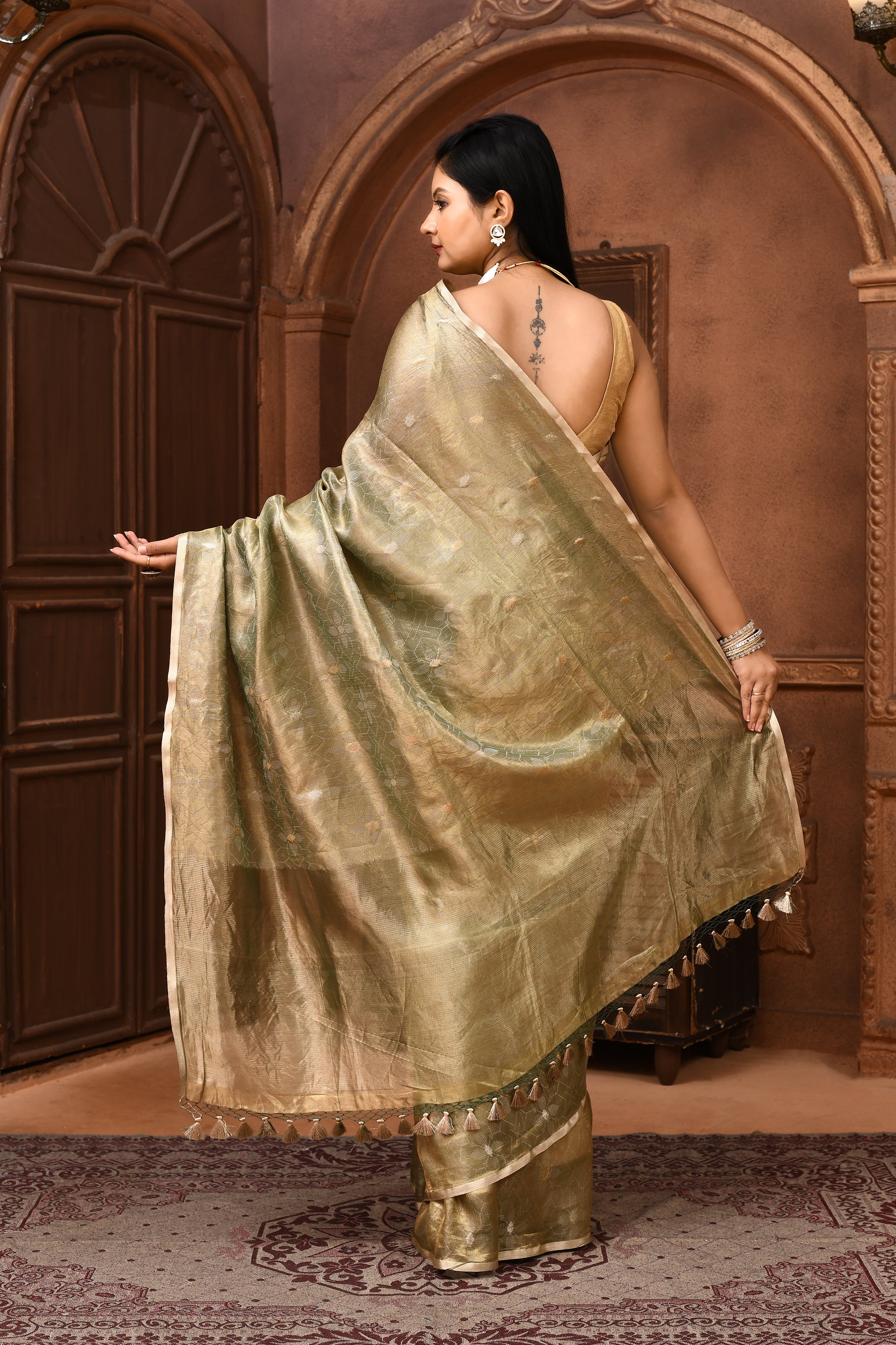 Banarasi tissue silk saree with kadwa weaving-Olive green