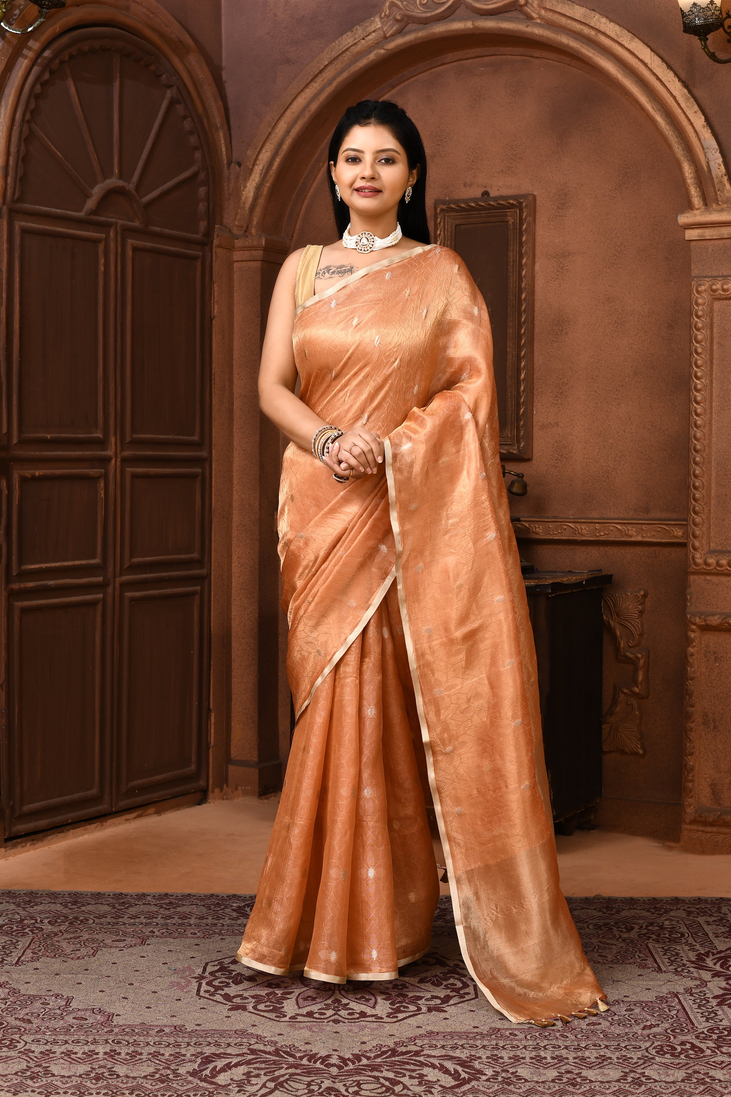 Banarasi tissue silk saree with kadwa weaving-Peach