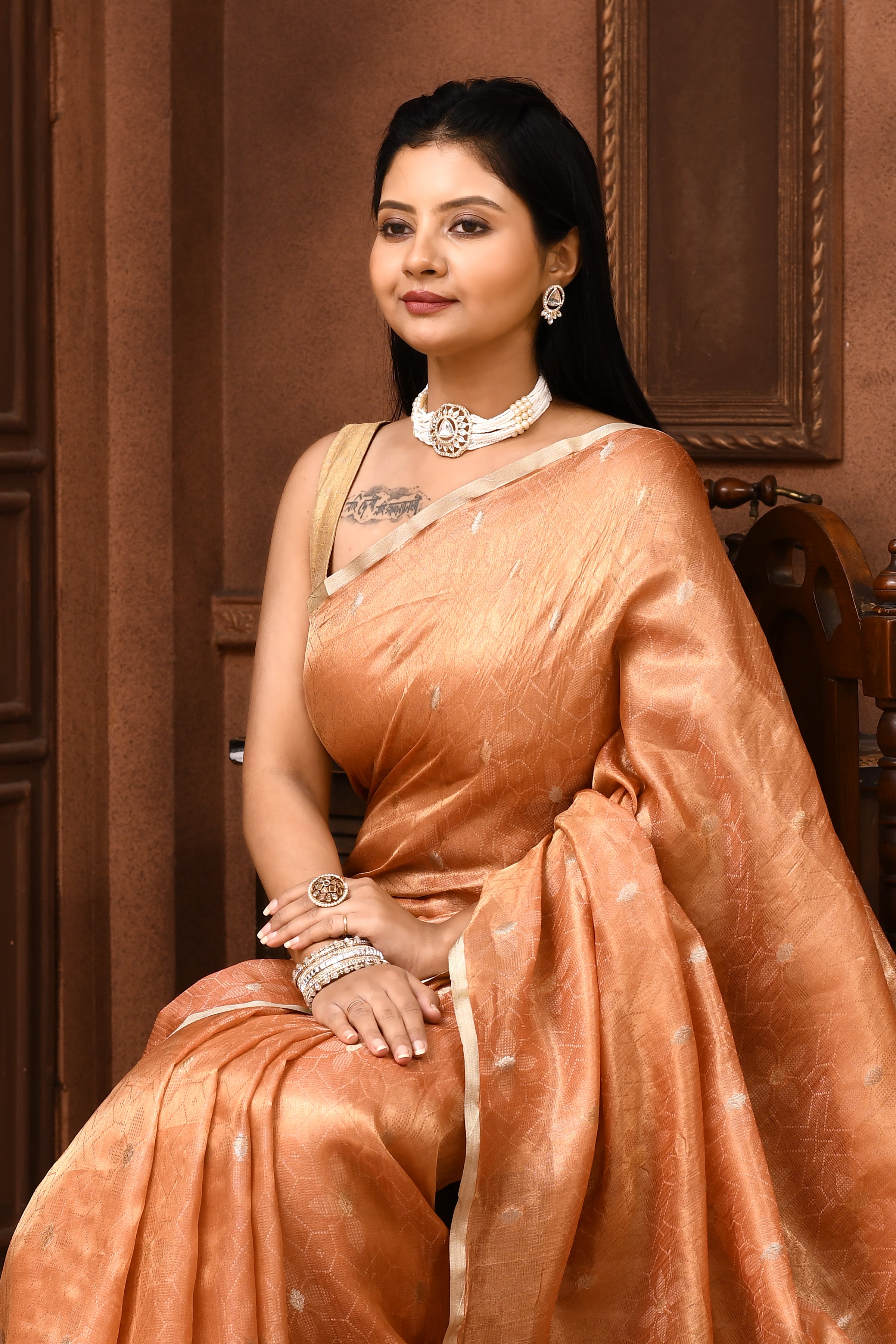 Banarasi tissue silk saree with kadwa weaving-Peach