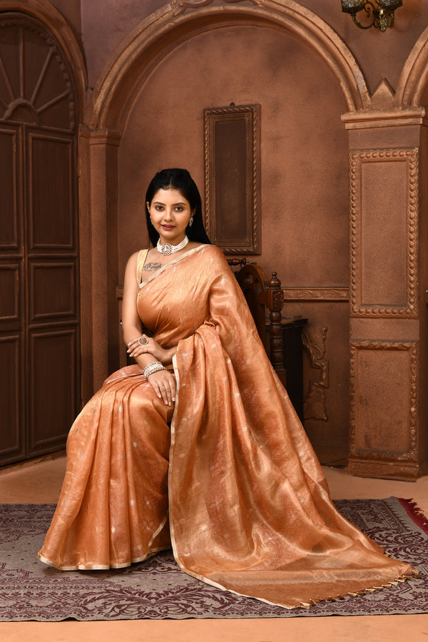 Banarasi tissue silk saree with kadwa weaving-Peach
