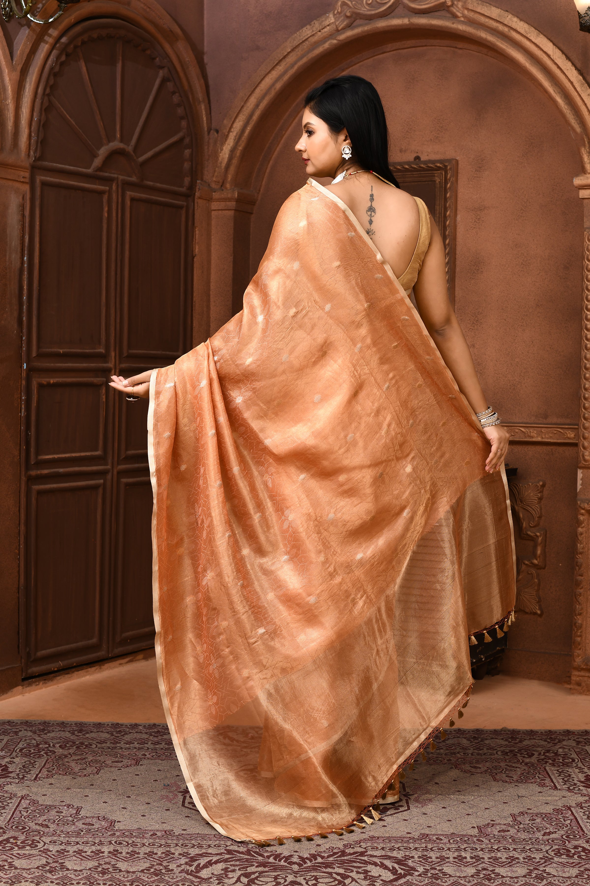 Banarasi tissue silk saree with kadwa weaving-Peach