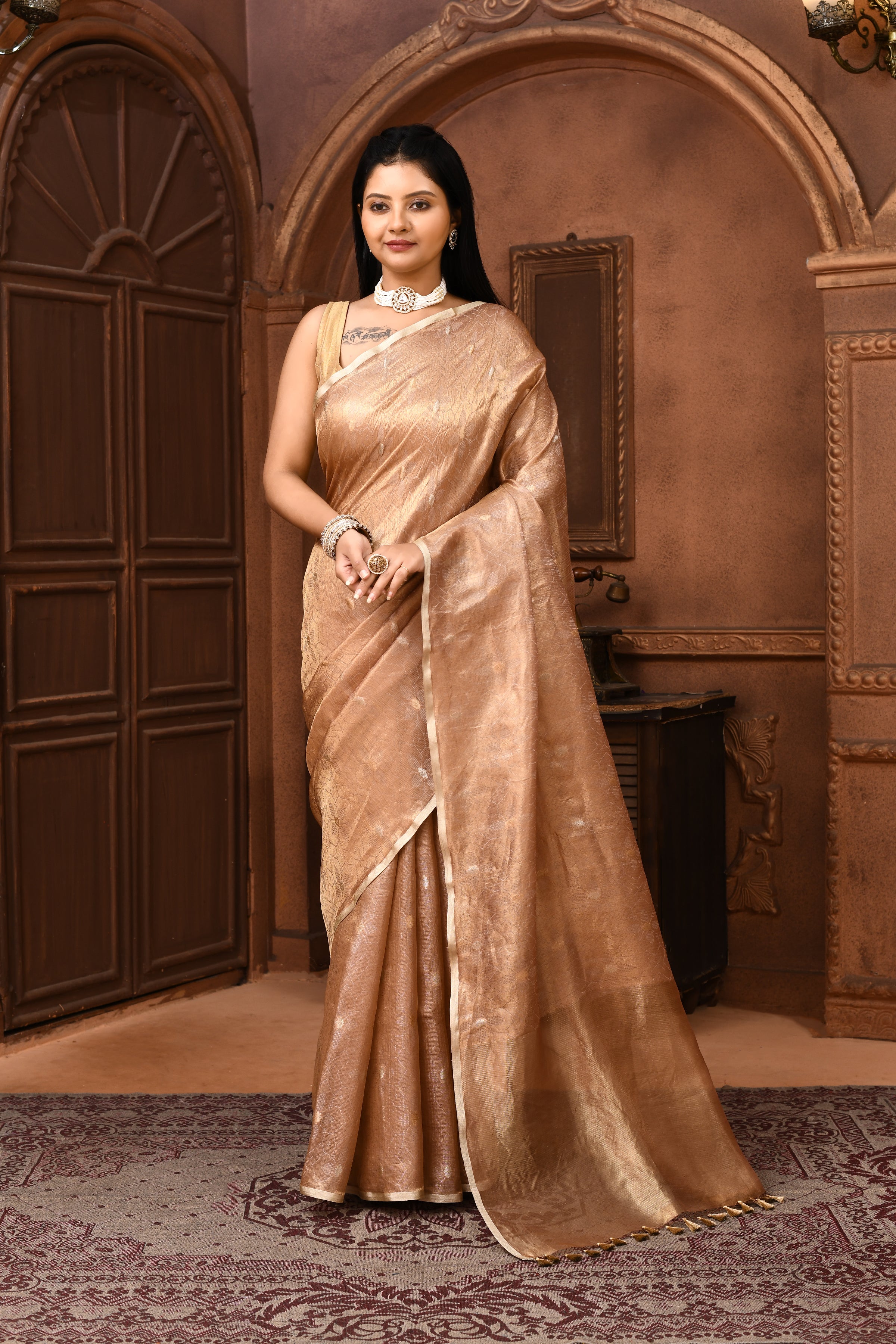 Banarasi tissue silk saree with kadwa weaving-Beige