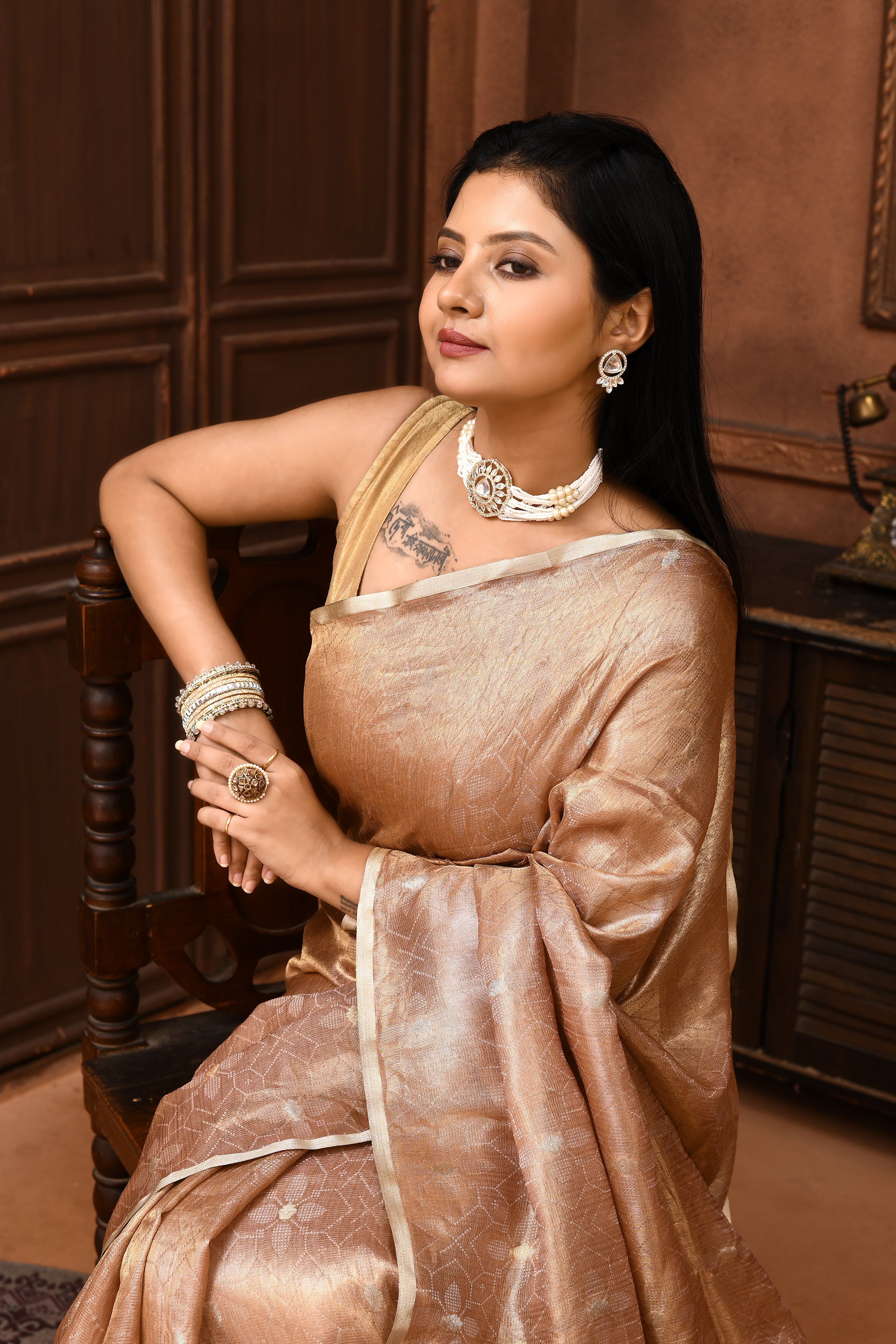 Banarasi tissue silk saree with kadwa weaving-Beige